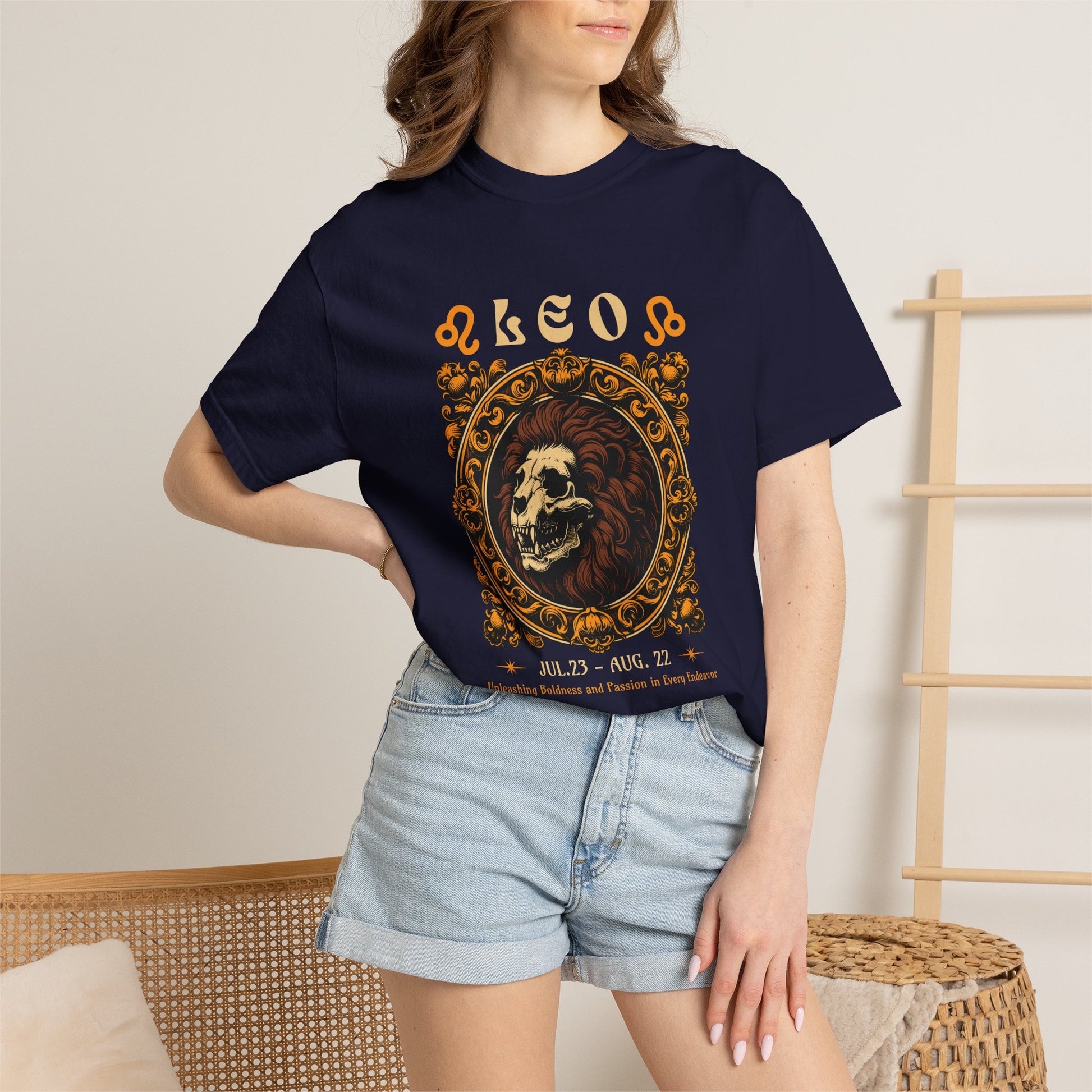 Retro Astrology Bold Zodiac Skull Lion Leo Sign T-Shirt for Casual Wear