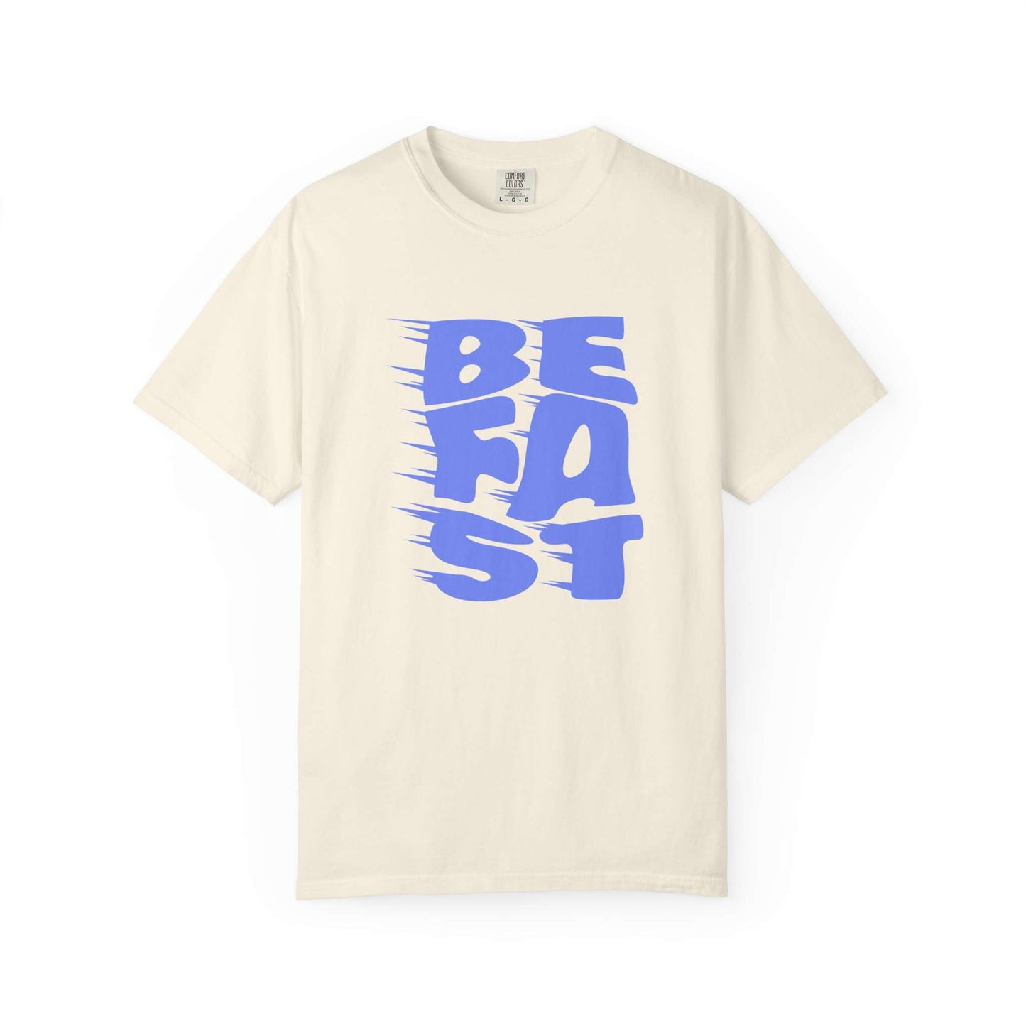 An off-white short-sleeve crewneck t-shirt featuring a bold blue graphic print on the front that reads 'BE FAST' in a stylized, motion-blurred font. Retro Bold Be Fast Typography Lettering Graphic T-Shirt Casual Wear