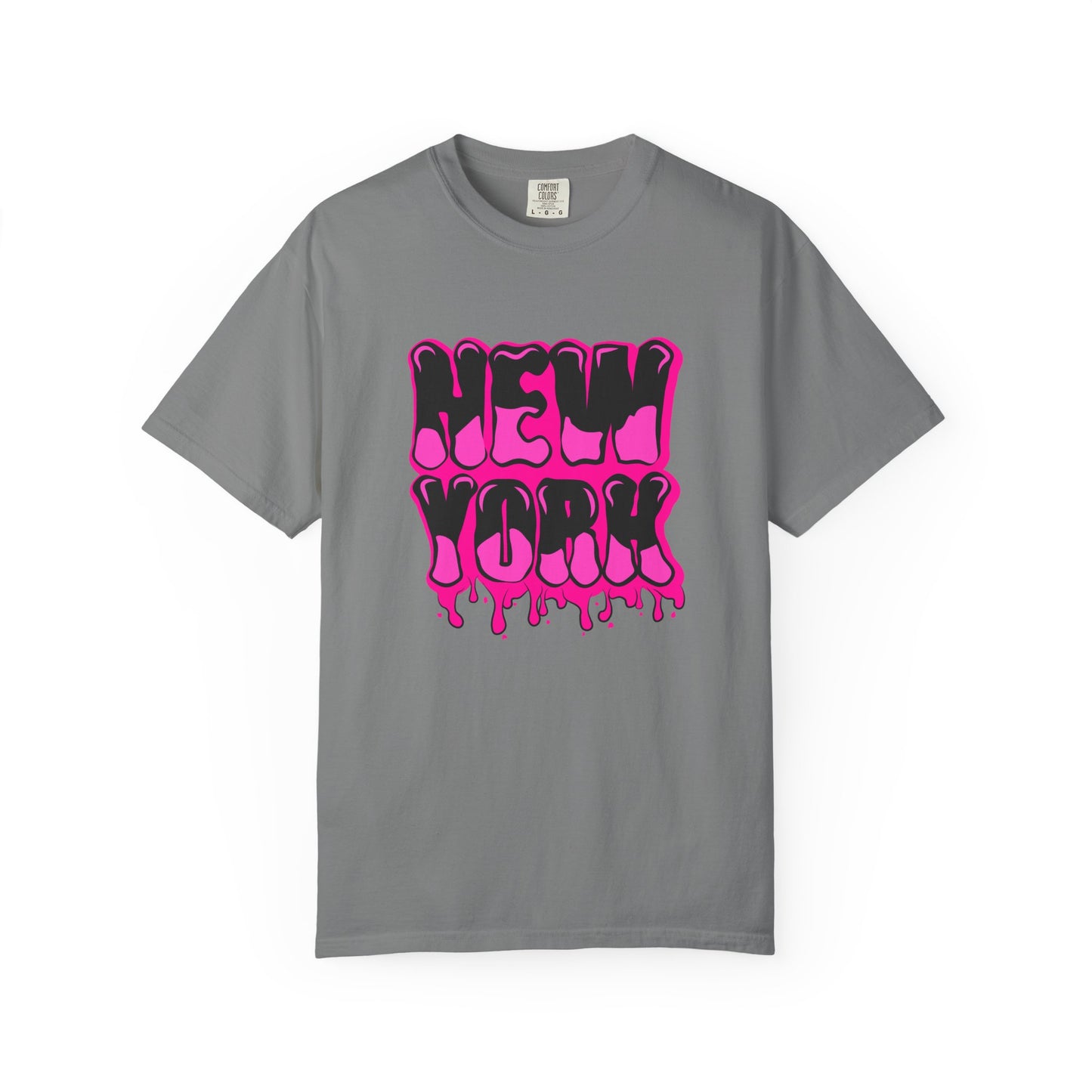 A gray short-sleeve crewneck t-shirt featuring a vibrant pink and black dripping 'NEW YORK' graphic on the chest, displayed against a clean white background. Retro Bold Graffiti Lettering New York Typography T-Shirt for Casual Wear