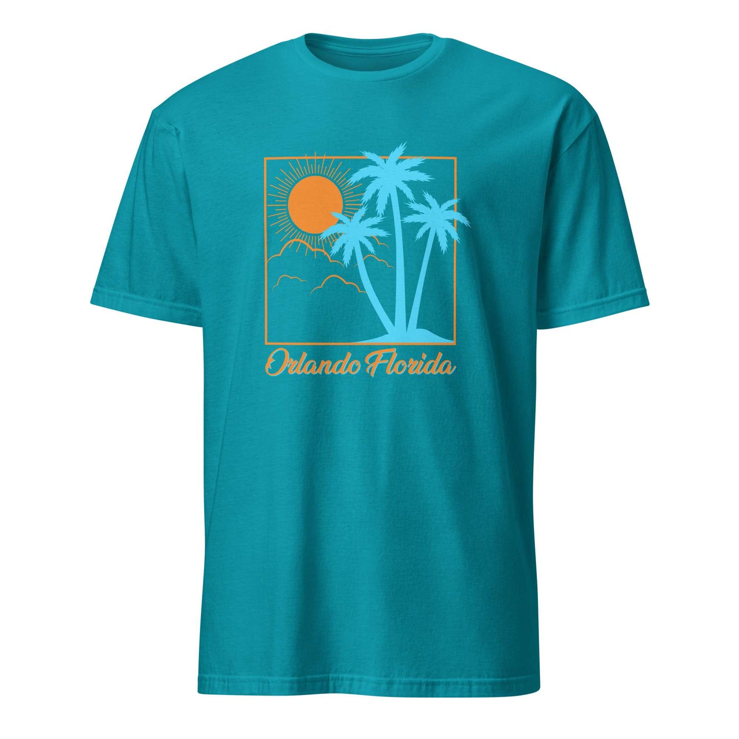 A teal short-sleeve crewneck t-shirt featuring a retro-style graphic of a yellow sun, blue palm trees, and the text 'Orlando Florida' on the front, displayed against a solid white background. Retro Bold Orlando Florida Summer Sun Beach Graphic T-Shirt Casual Wear