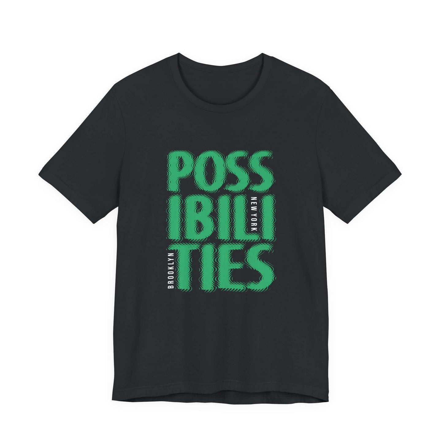 A black short-sleeve crewneck t-shirt featuring a bold green graphic print on the front that reads 'POSSIBILITIES' with 'NEW YORK' printed vertically in white. Retro Bold Possibilities New York City Brooklyn T-Shirt Casual Wear