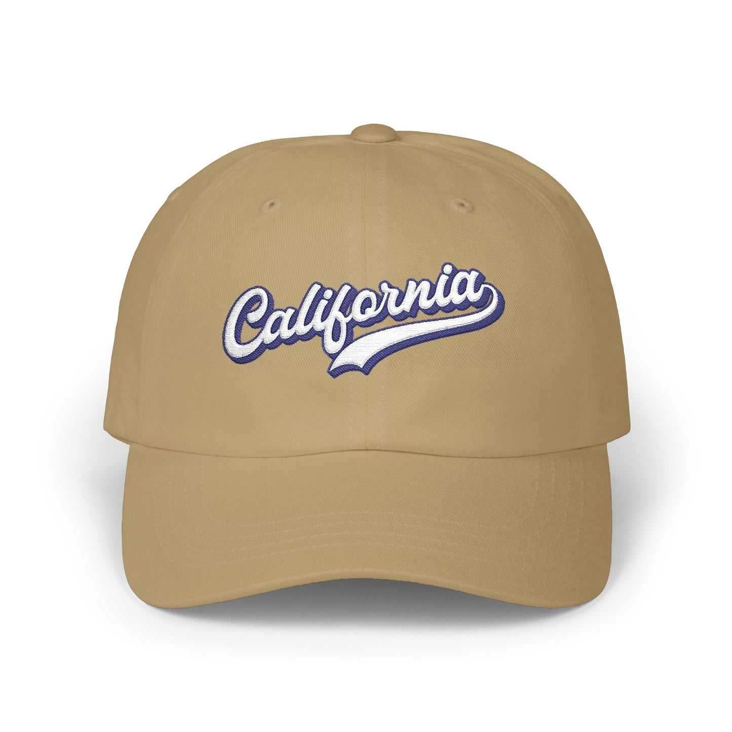 A tan baseball cap featuring 'California' embroidered in white script with a blue outline on the front, set against a plain white background. Retro California Typography Embroidered Classic Dad Cap