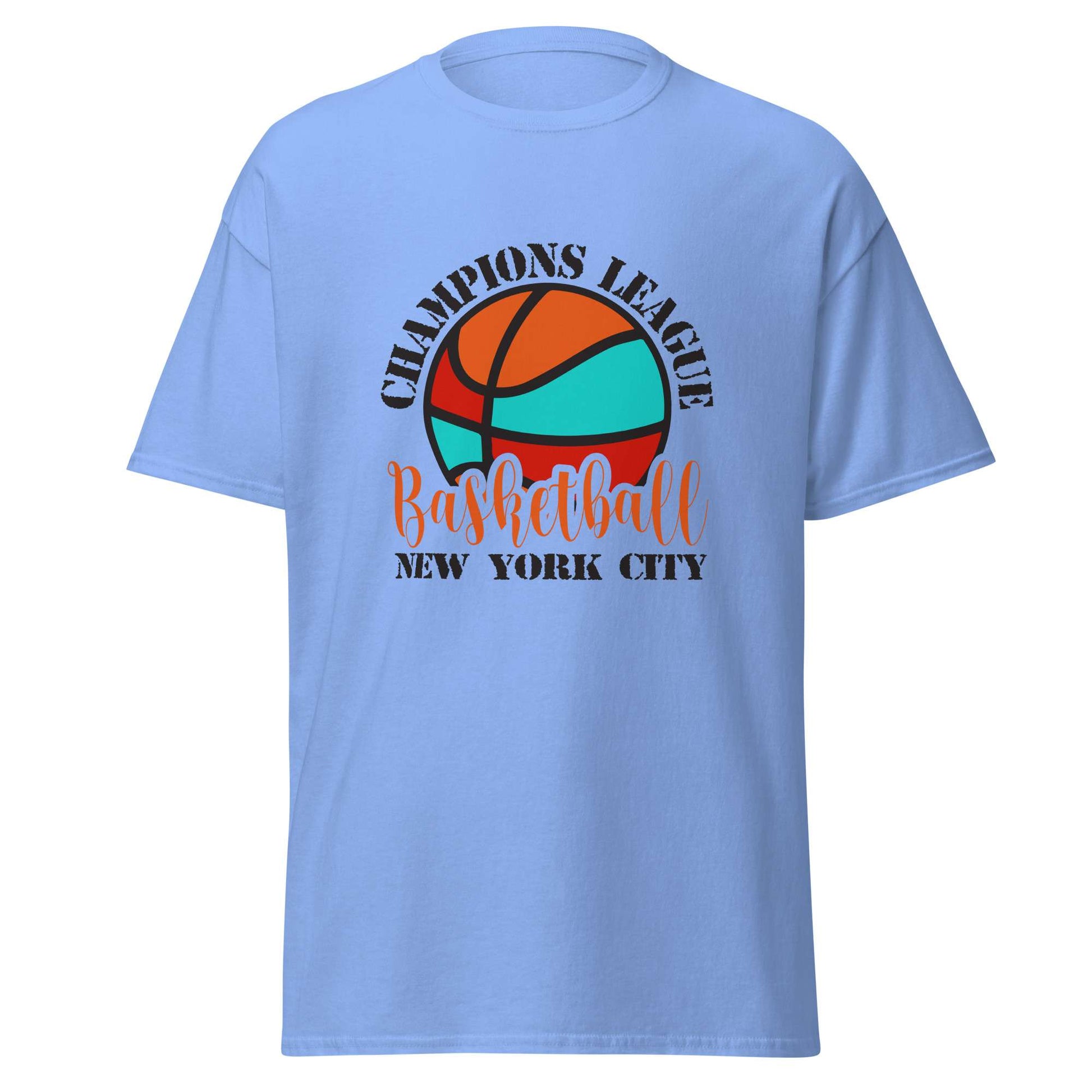 A light blue short-sleeve crewneck t-shirt featuring a basketball graphic with the text 'CHAMPIONS LEAGUE Basketball NEW YORK CITY' in black and orange. Retro Champions League Basketball New York City T-Shirt for Casual Wear