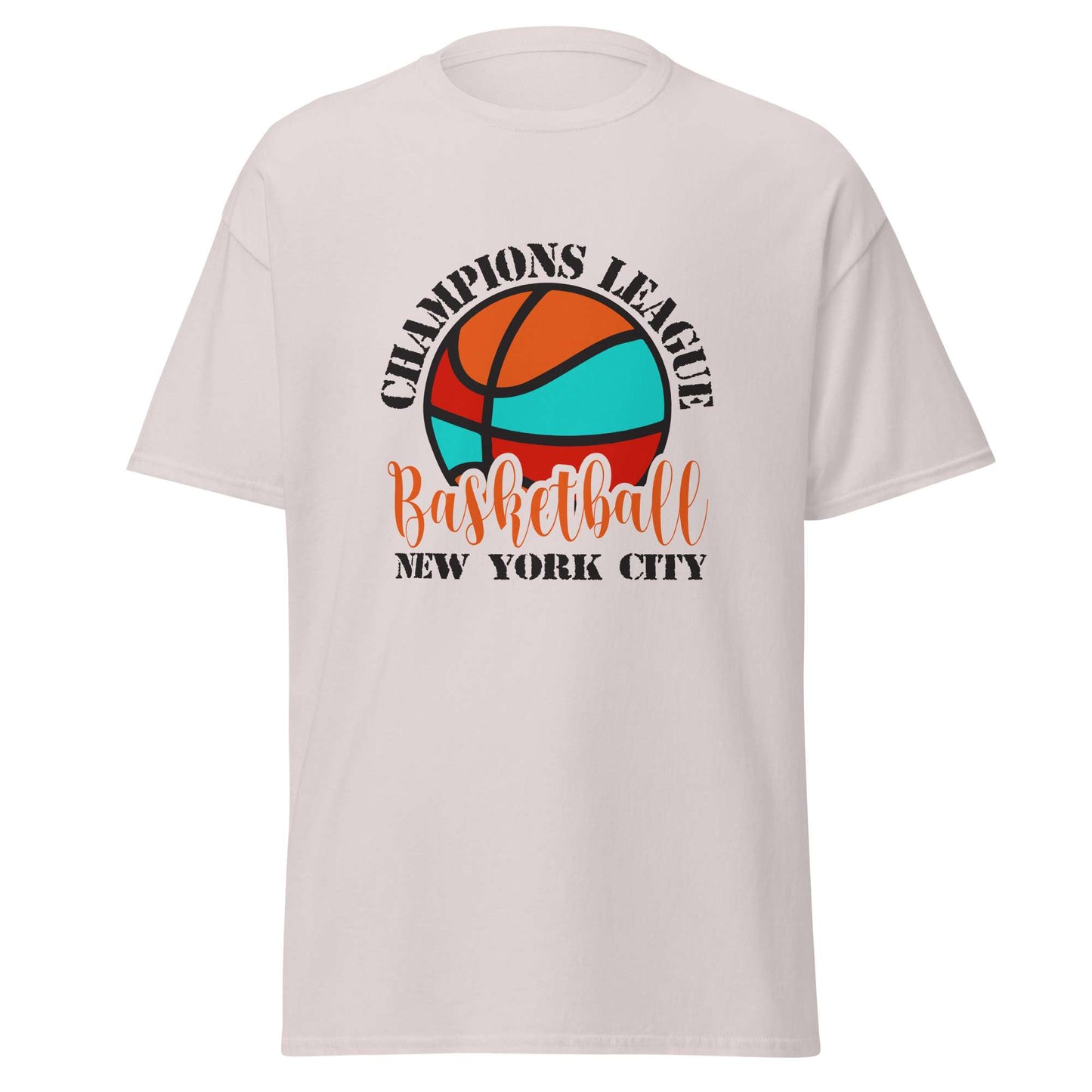 A light beige crewneck t-shirt featuring a colorful graphic on the front with a basketball design and the text 'CHAMPIONS LEAGUE Basketball NEW YORK CITY'. Retro Comfortable Champions League Basketball New York City T-Shirt for Casual Wear