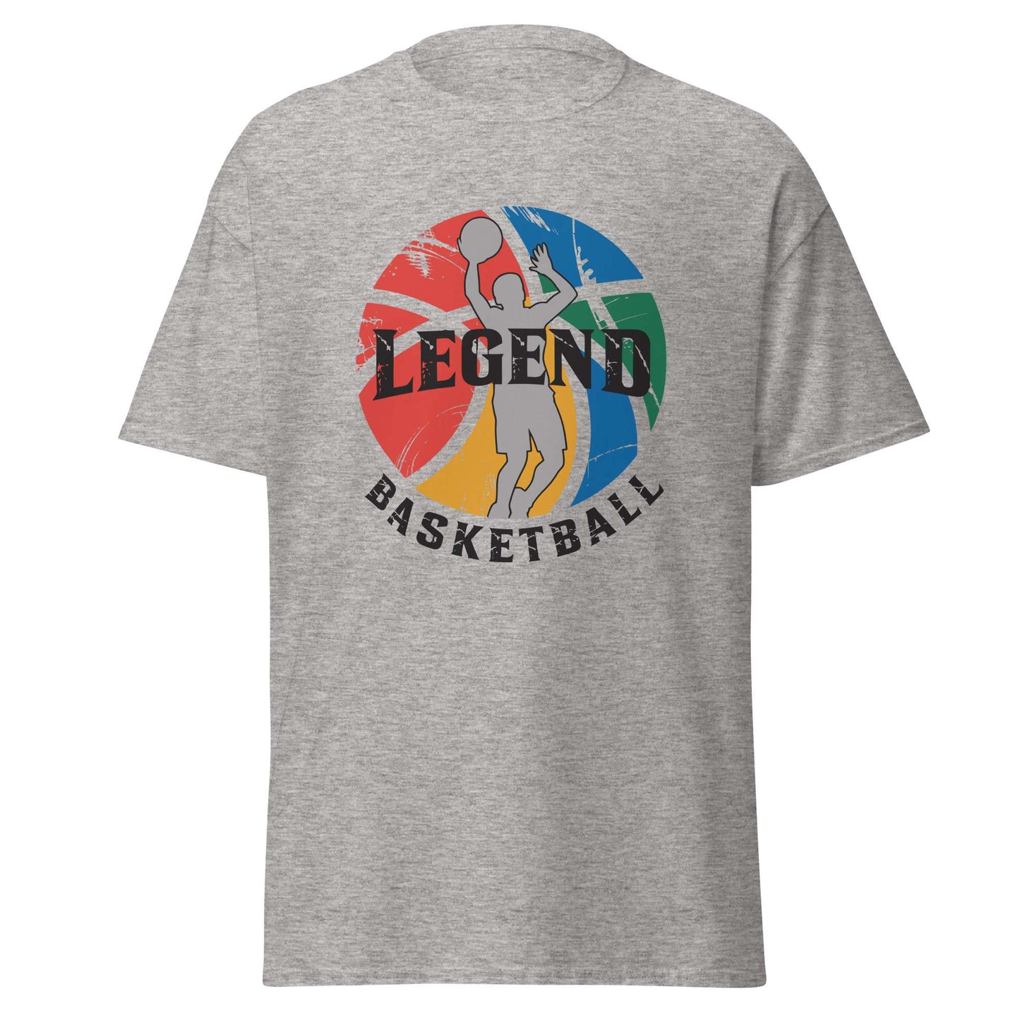 A heather gray short-sleeve t-shirt shown from the back, featuring a large circular basketball-themed graphic with the words 'LEGEND BASKETBALL' and a stylized player silhouette. Retro Comfortable Legend Basketball Graphic T-Shirt Casual Outfits