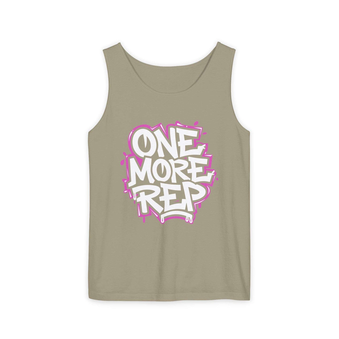 A sleeveless tank top in a muted taupe-beige color, featuring a central graphic print with the text 'ONE MORE REP' in white with a pink graffiti-style outline. Retro Fitness Motivational Graffiti Typography Tank Top Casual Wear
