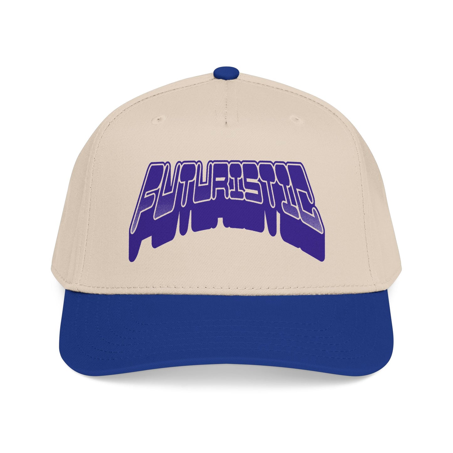 A structured baseball cap with a cream-colored crown and a royal blue visor, featuring the word 'FUTURISTIC' in a stylized purple and white font across the front. Retro Futuristic Y2k Streetwear Typography Baseball Cap