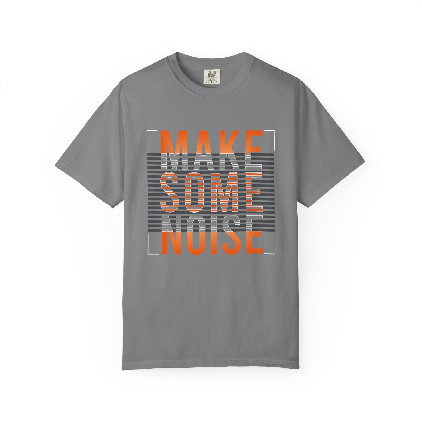A gray short-sleeve crewneck t-shirt featuring a graphic print on the front with the text 'MAKE SOME NOISE' in orange and white over a gray striped background, displayed on a clean white background. Retro Make Some Noise Slogan Typography Graphic T-Shirt for Casual Wear
