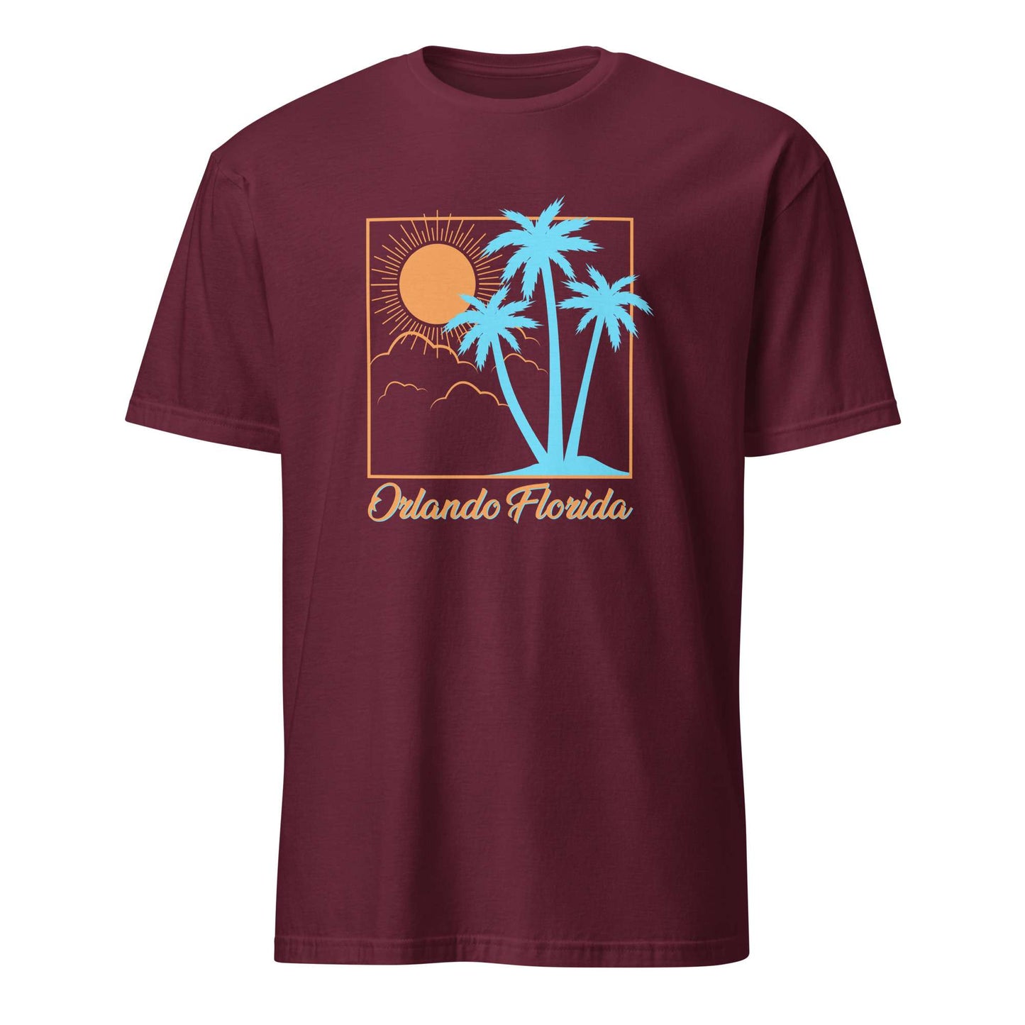 A maroon short-sleeve crewneck t-shirt featuring a retro-style graphic of palm trees, a sun, and the text 'Orlando Florida' on the front, displayed against a solid white background. Retro Orlando Florida Summer Sun Beach Graphic T-Shirt Casual Wear