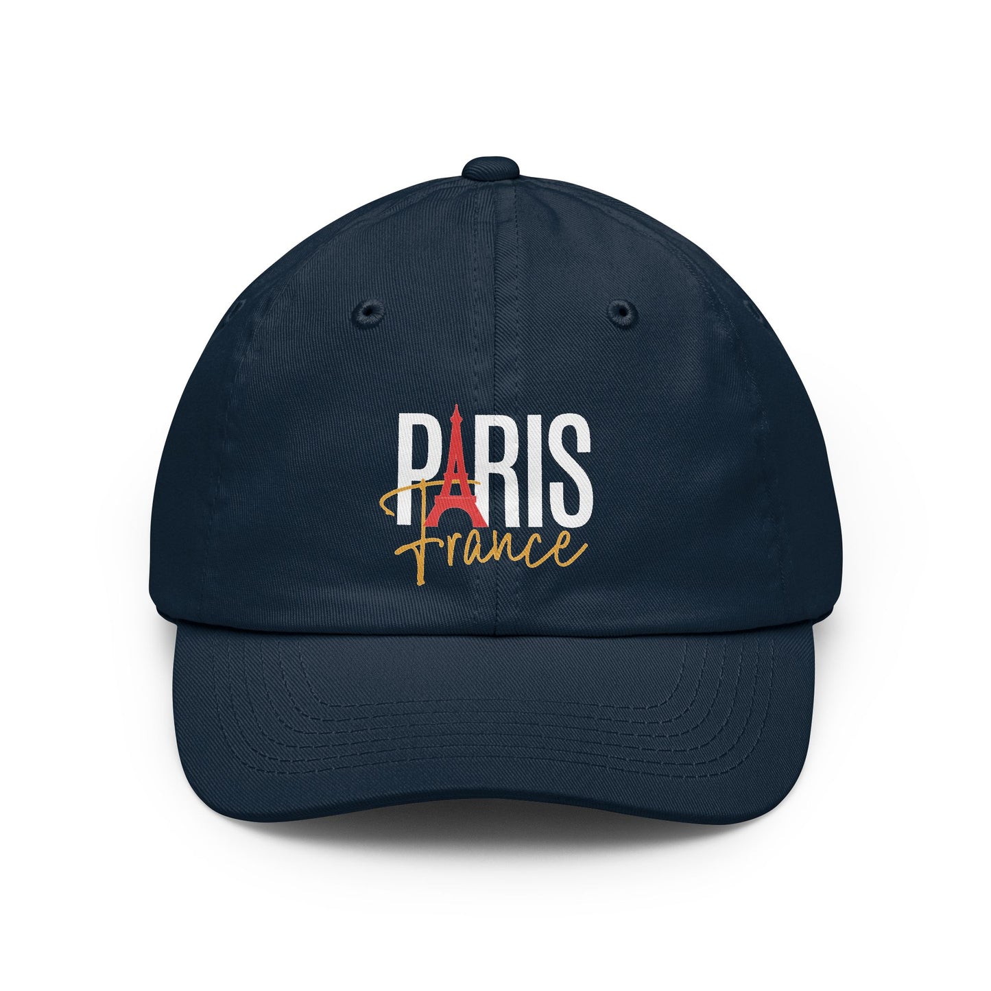 A dark navy blue baseball cap featuring a 'PARIS France' graphic on the front. The graphic includes a red Eiffel Tower silhouette, the word 'PARIS' in white block letters, and 'France' in gold cursive script. Retro Paris France Typography Dad Hat for Casual Wear