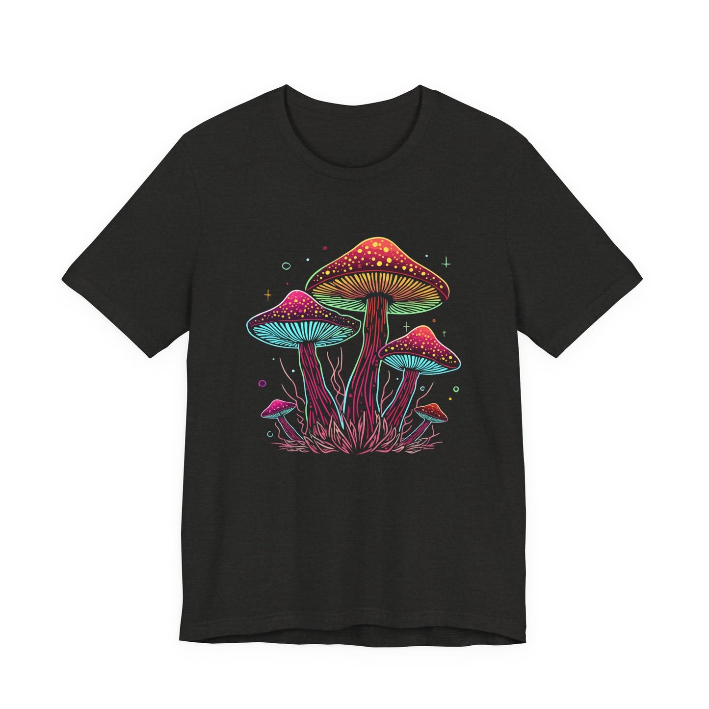 A black short-sleeve crewneck t-shirt featuring a colorful graphic of glowing mushrooms in pink, purple, and green on the front, displayed against a solid white background. Retro Psychedelic Mushroom Neon Fantasy Fungi T-Shirt Casual Wear