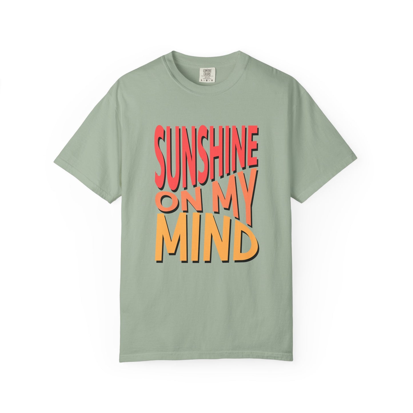 A sage green short-sleeve t-shirt with a retro-style graphic text print reading 'SUNSHINE ON MY MIND' in red and orange-yellow block letters, displayed on a clean white background. Retro Sunshine On My Mind Summer Vibes Graphic T-Shirt Casual Wear