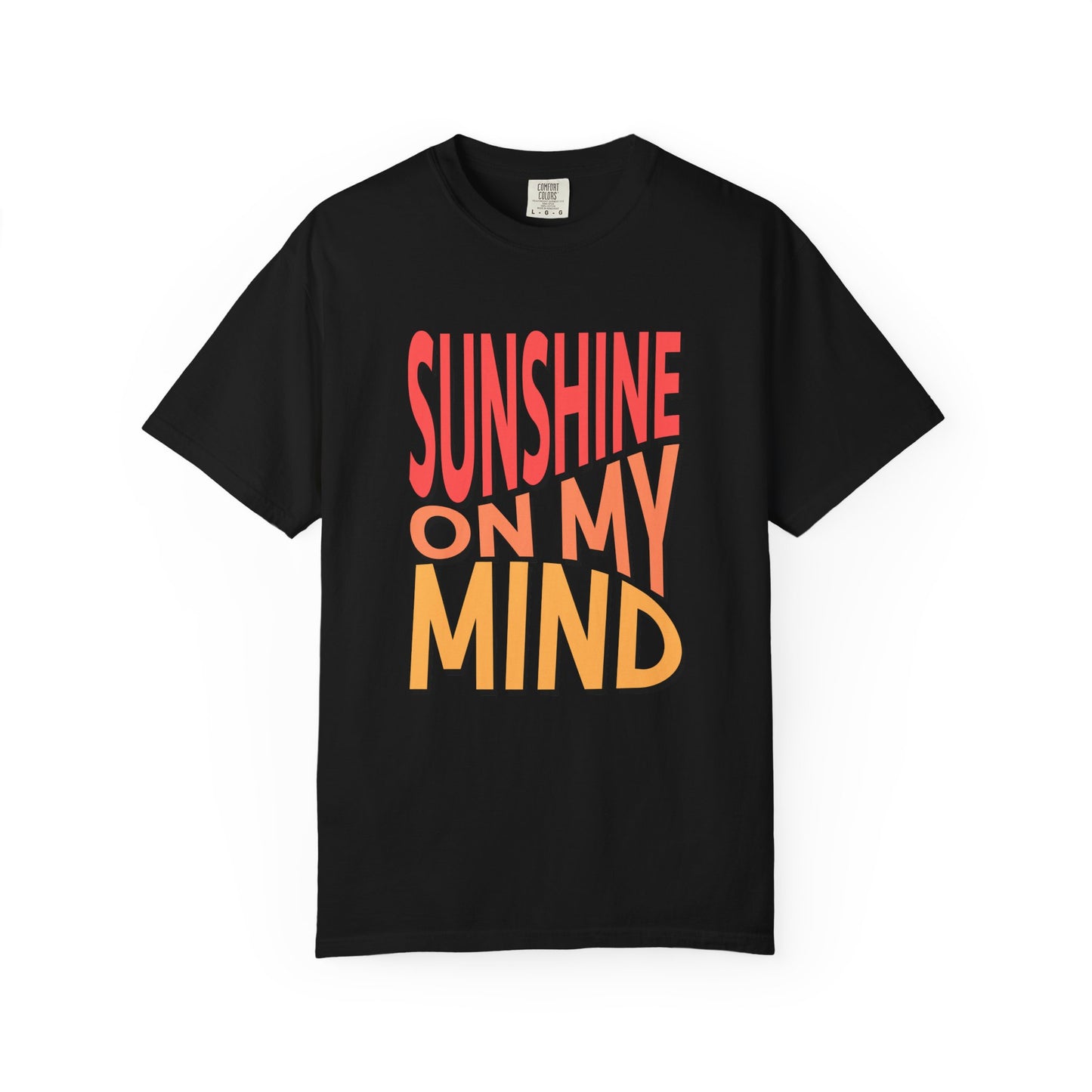 A black short-sleeve crewneck t-shirt with a bold graphic text print reading 'SUNSHINE ON MY MIND' in coral red and orange-yellow lettering, displayed flat against a solid white background. Retro Sunshine On My Mind Summer Vibes Graphic T-Shirt for Casual Wear