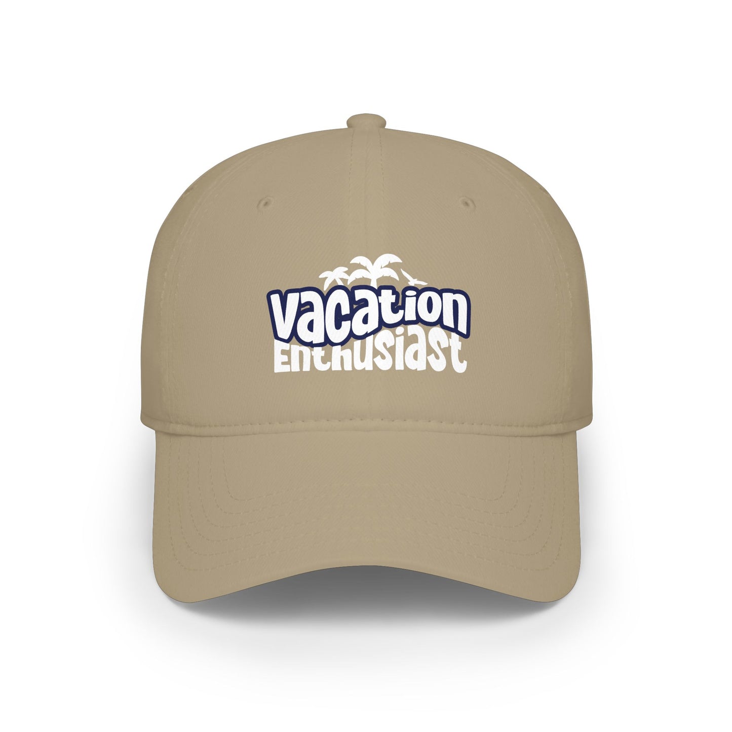 A beige baseball cap with a curved brim, featuring a 'Vacation Enthusiast' graphic printed on the front in blue and white, set against a plain white background.