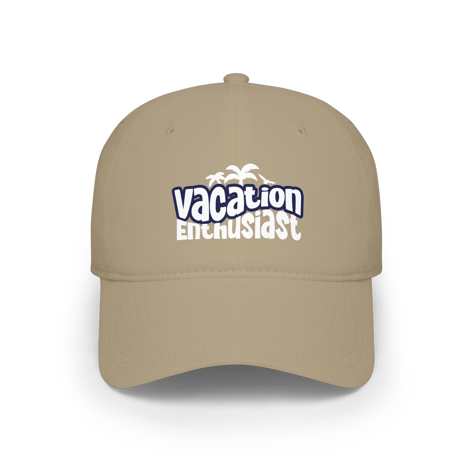 A beige baseball cap with a curved brim, featuring a 'Vacation Enthusiast' graphic printed on the front in blue and white, set against a plain white background.