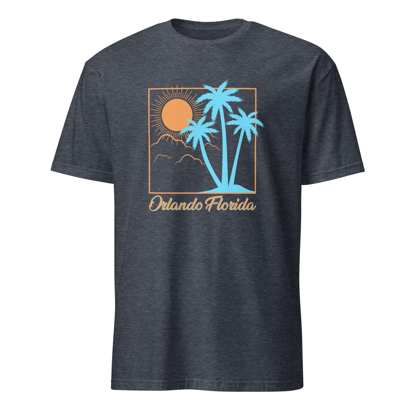 A dark heather gray t-shirt with a retro-style graphic of palm trees, a sun, and the text 'Orlando Florida' printed on the chest. Sale Orlando Florida Summer Sun Beach Graphic T-Shirt Casual Wear