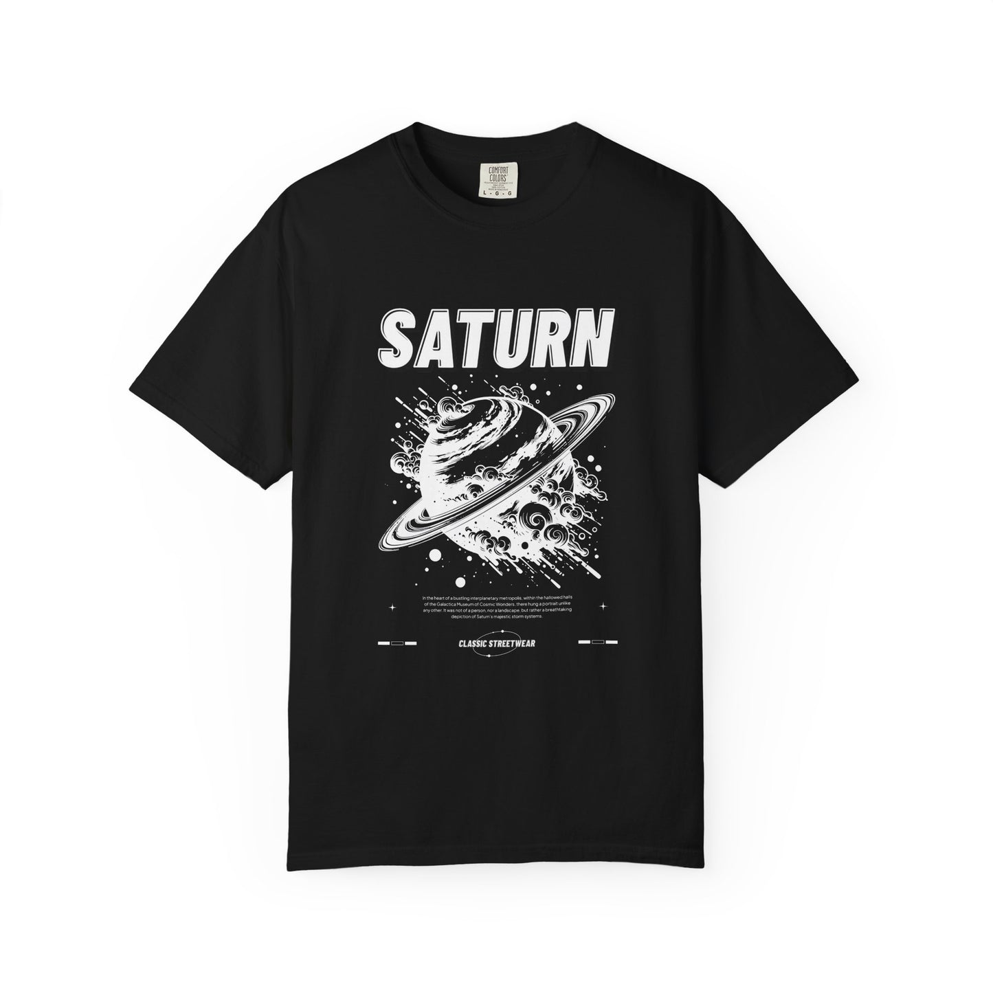 A black short-sleeve crewneck t-shirt featuring a white graphic print of Saturn with its rings and the word 'SATURN' printed above it, displayed on a clean white background.