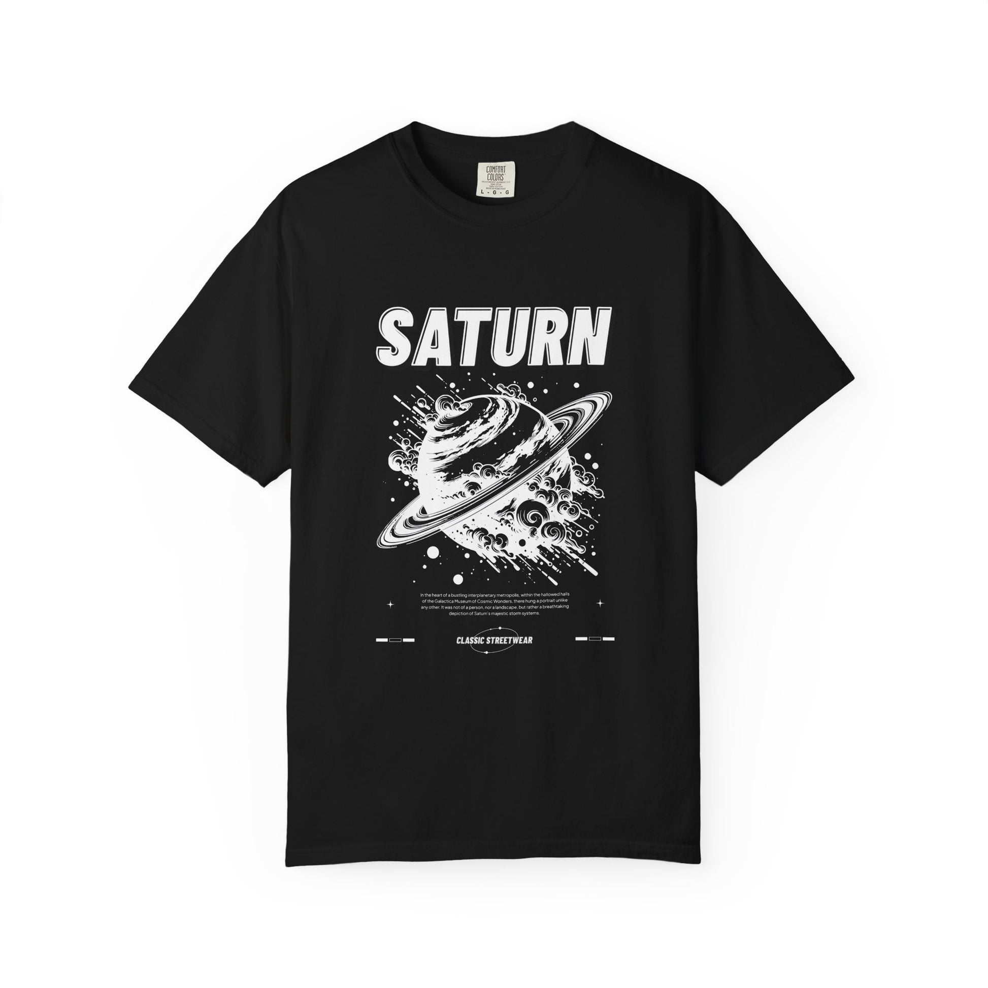 A black short-sleeve crewneck t-shirt featuring a white graphic print of Saturn with its rings and the word 'SATURN' printed above it, displayed on a clean white background.