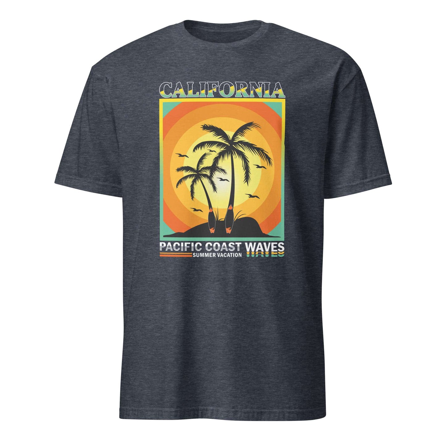 A dark heather gray t-shirt with a retro-style graphic print featuring two palm trees, surfboards, and the text 'CALIFORNIA PACIFIC COAST WAVES' on a white background. Scenic California Pacific Coast Waves T-Shirt