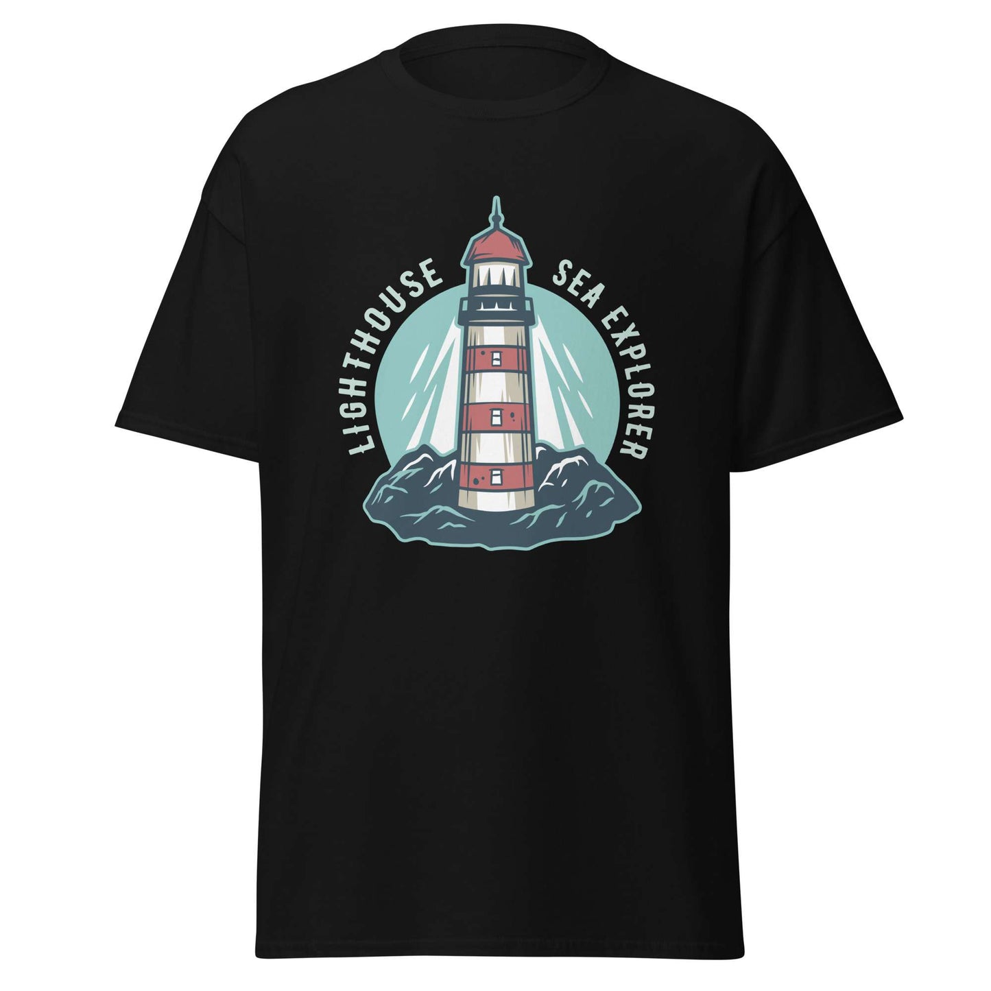 A black short-sleeve crewneck t-shirt featuring a central graphic of a red and white striped lighthouse on a teal circular background with the text 'LIGHTHOUSE SEA EXPLORER'. Shop Marine Lighthouse at Mountain Nautical Sea T-Shirt Casual Wear