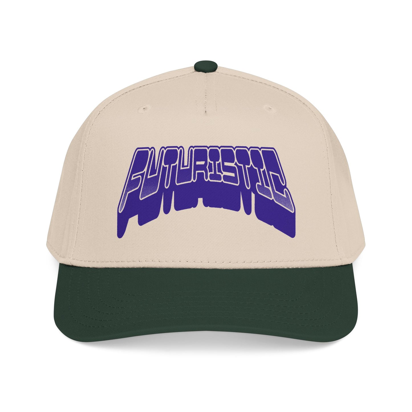 A structured baseball cap with a cream-colored crown and a dark forest green visor, featuring a stylized purple and white 'FUTURISTIC' graphic on the front. Simple Futuristic Y2k Streetwear Typography Baseball Cap