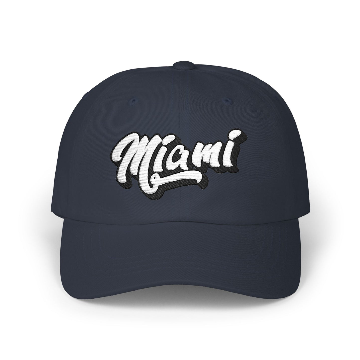 A dark green baseball cap featuring the word 'Miami' embroidered in white cursive with a black outline on the front, set against a plain white background. Simple Minimalist Miami Beach Typography Classic Dad Cap