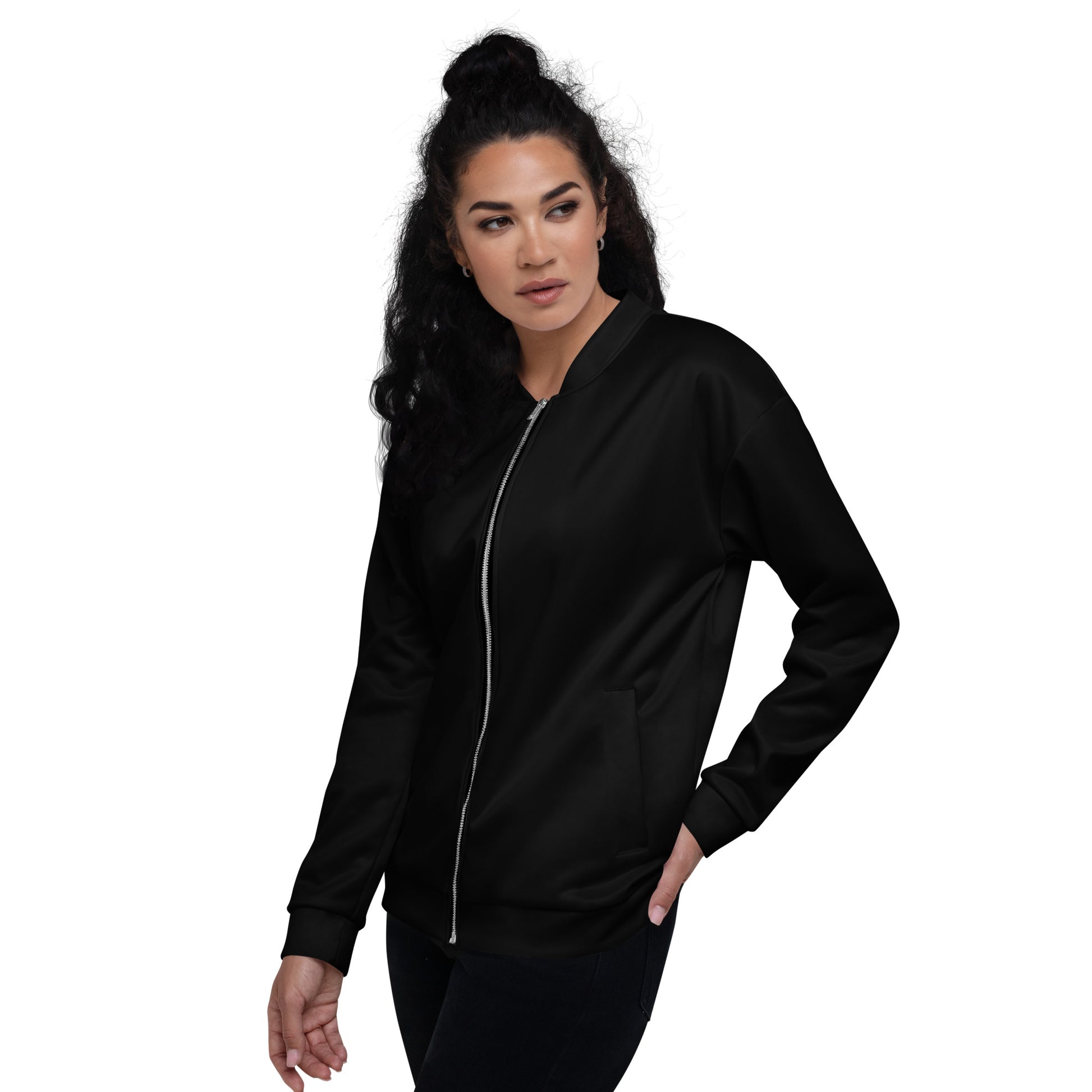 Woman wearing a black bomber jacket on a white background Sleek Essential Minimalist Solid Black Unisex Bomber Jacket