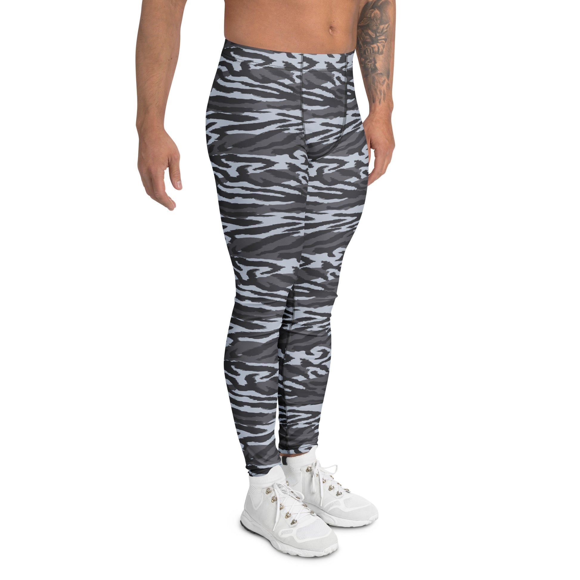 Sleek Gray Tiger Stripes Camouflage Men's Leggings for Active Wear
