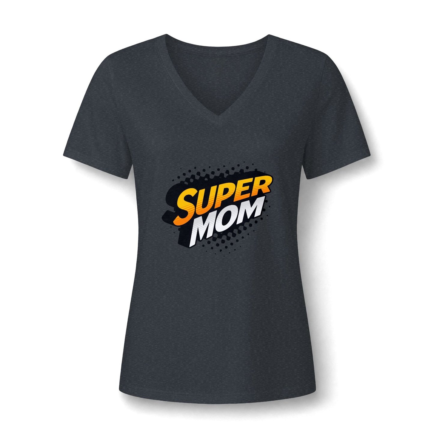A dark charcoal gray heather V-neck t-shirt with a 'SUPER MOM' graphic on the chest, displayed on a clean white background.
