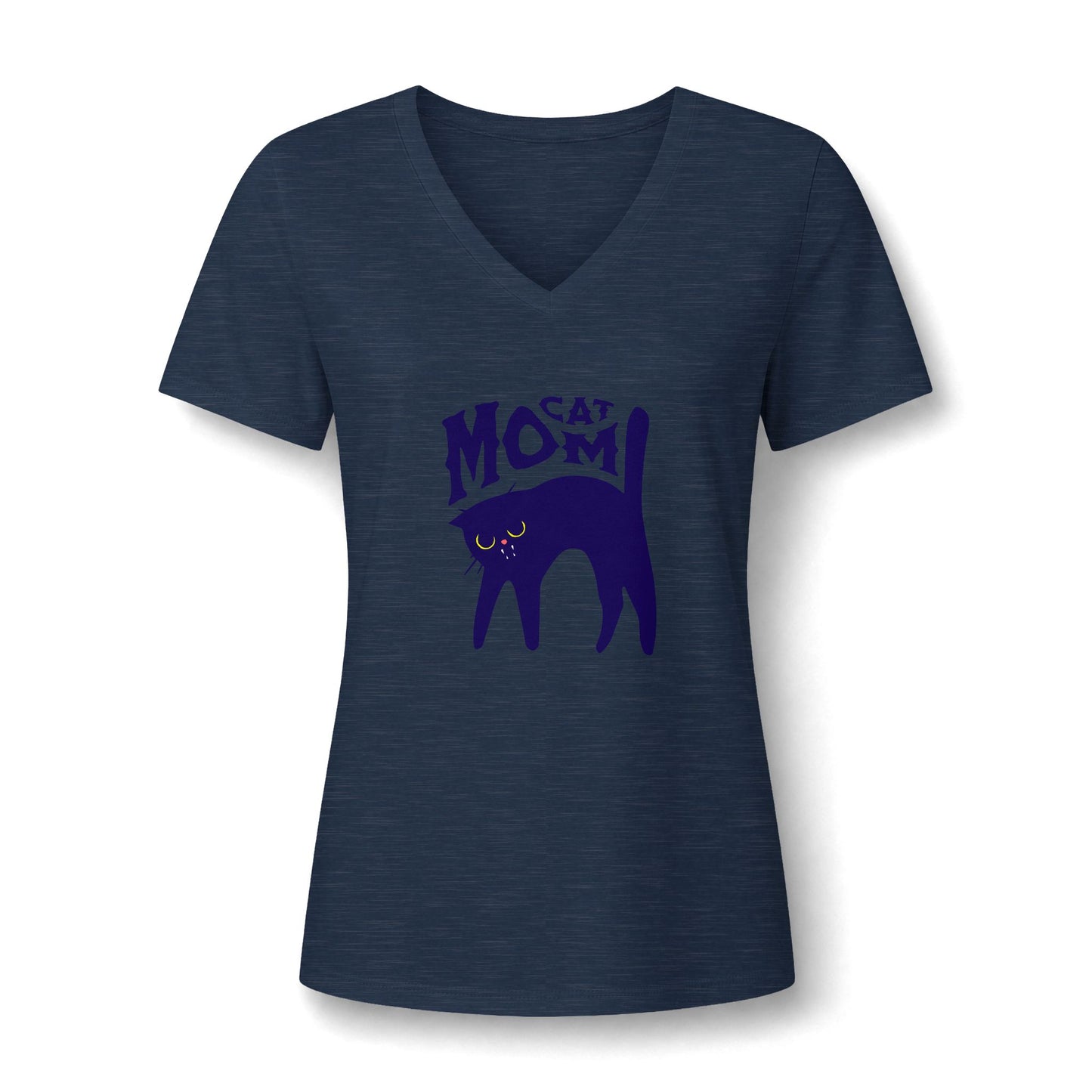 A women's short-sleeve V-neck t-shirt in heathered navy blue, featuring a dark purple graphic of a cat silhouette with the words 'CAT MOM' printed on the chest, displayed against a clean white background.