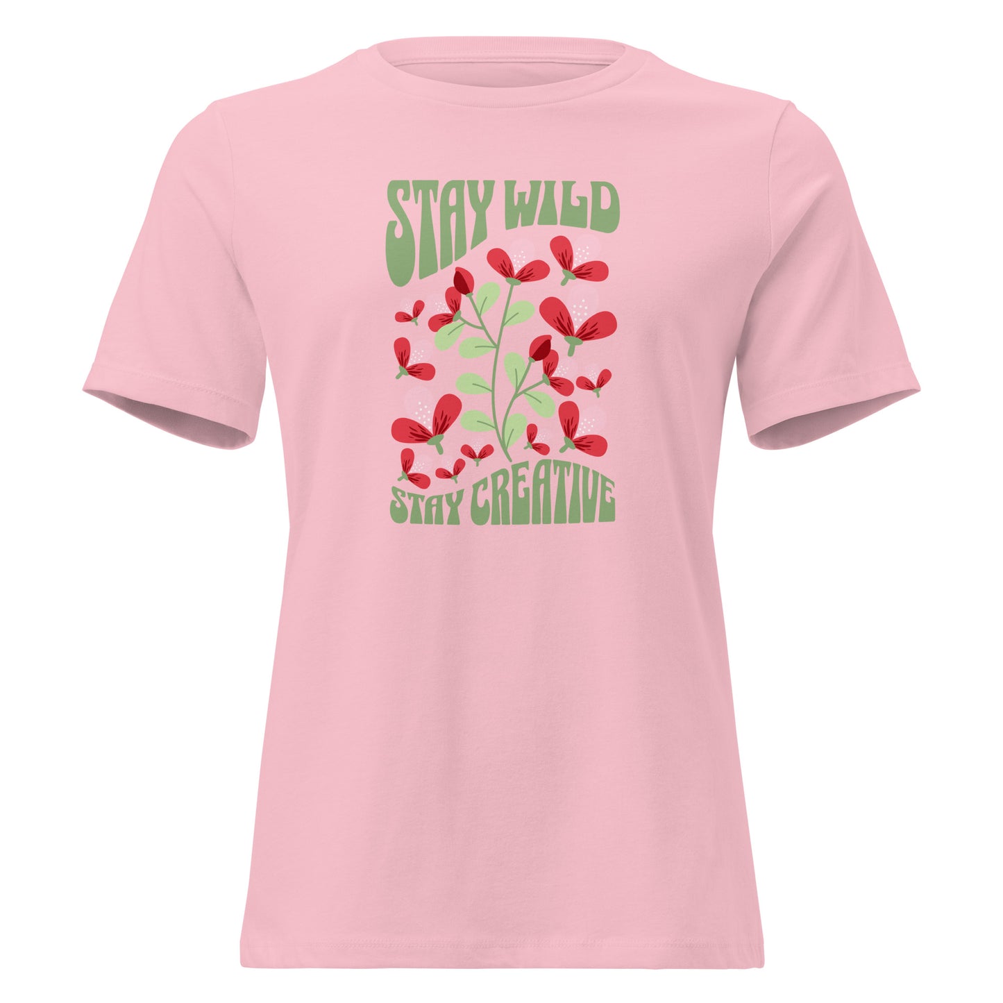 A light pink short-sleeve crewneck t-shirt featuring a retro-style graphic on the front with red flowers and green leaves, framed by the words 'STAY WILD' at the top and 'STAY CREATIVE' at the bottom. Soft Stay Wild Stay Creative Women's Relaxed T-Shirt Casual Wear