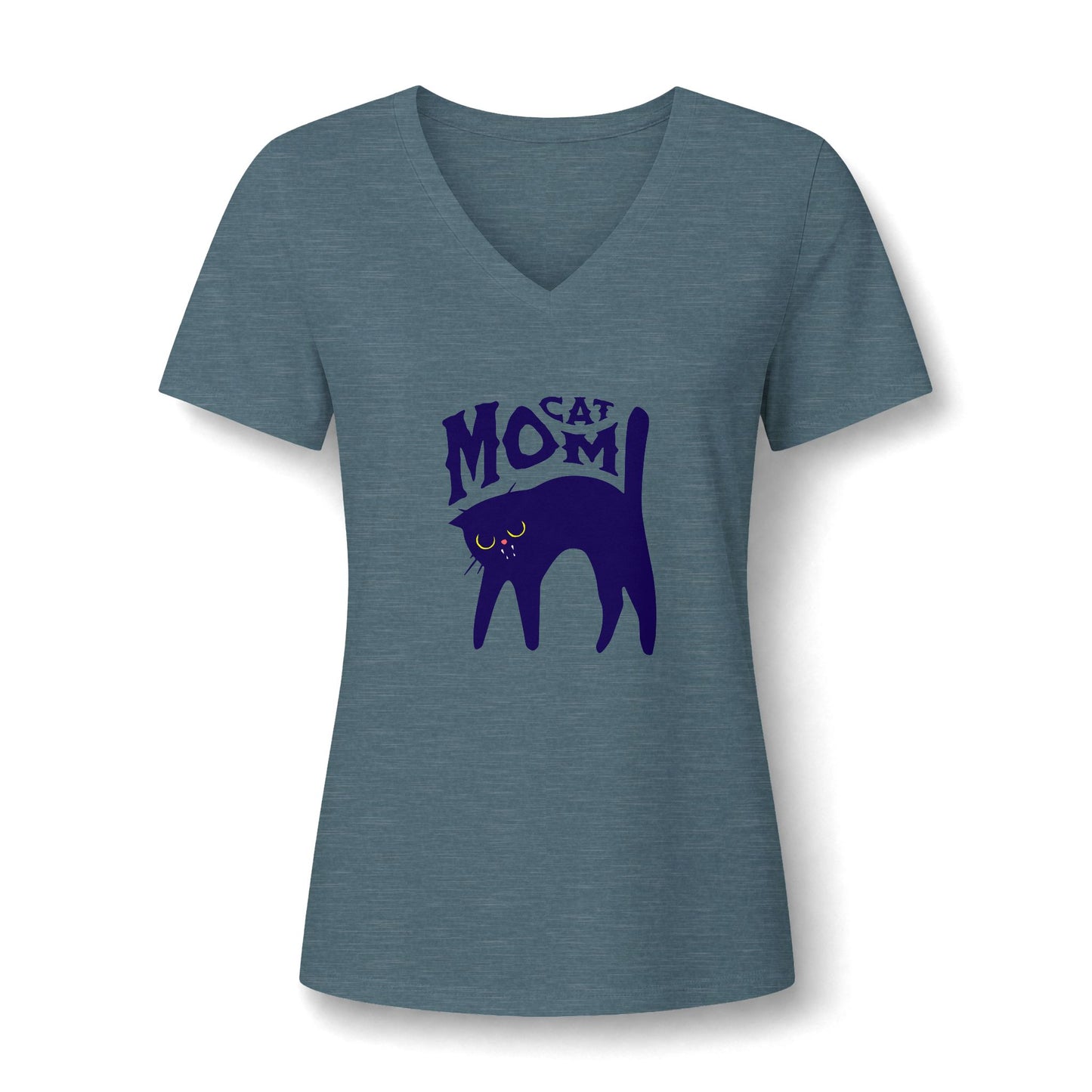 A women's heathered slate blue V-neck t-shirt featuring a dark purple graphic of a cat silhouette with the words 'CAT MOM' printed above it, displayed on a clean white background.