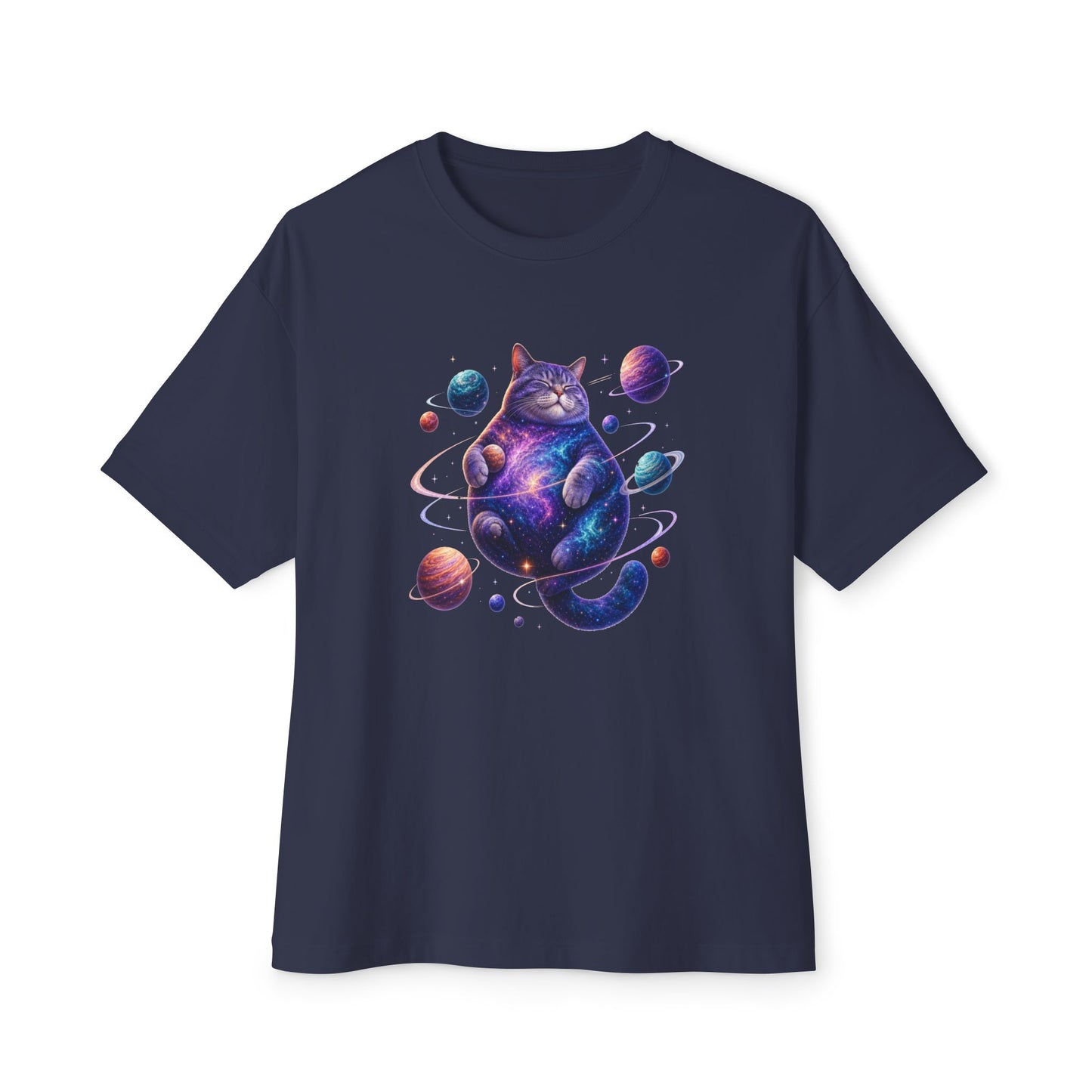 A dark charcoal gray short-sleeve t-shirt with a colorful graphic of a cosmic, galaxy-patterned cat sitting among planets, displayed on a clean white background. Starry Whiskers Funny Cosmic Cat Unisex Oversized Boxy T-Shirt Casual Wear