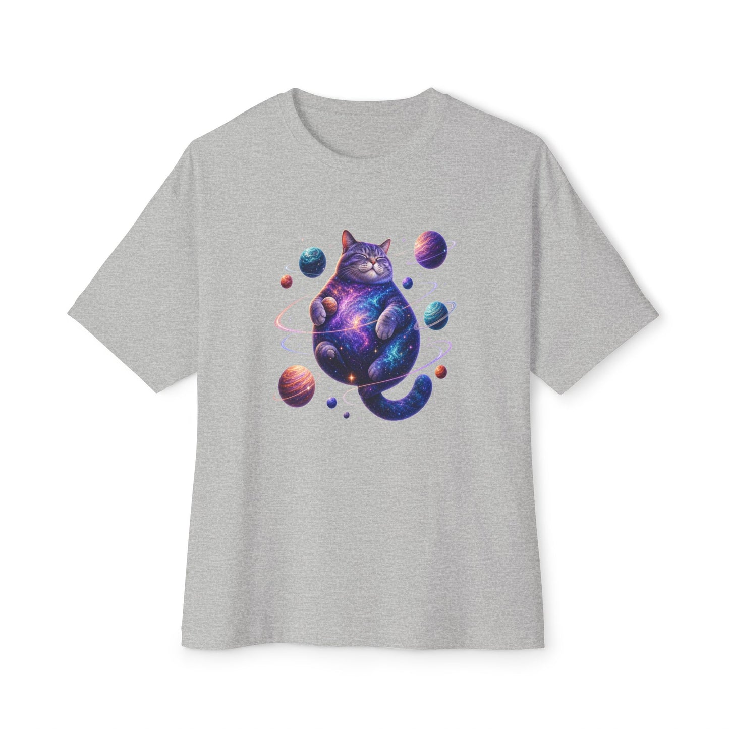 A heather gray short-sleeve crewneck t-shirt featuring a colorful graphic of a cosmic purple cat surrounded by planets, displayed on a clean white background. Stellar Kitty Funny Cosmic Cat Unisex Oversized Boxy T-Shirt Casual Wear