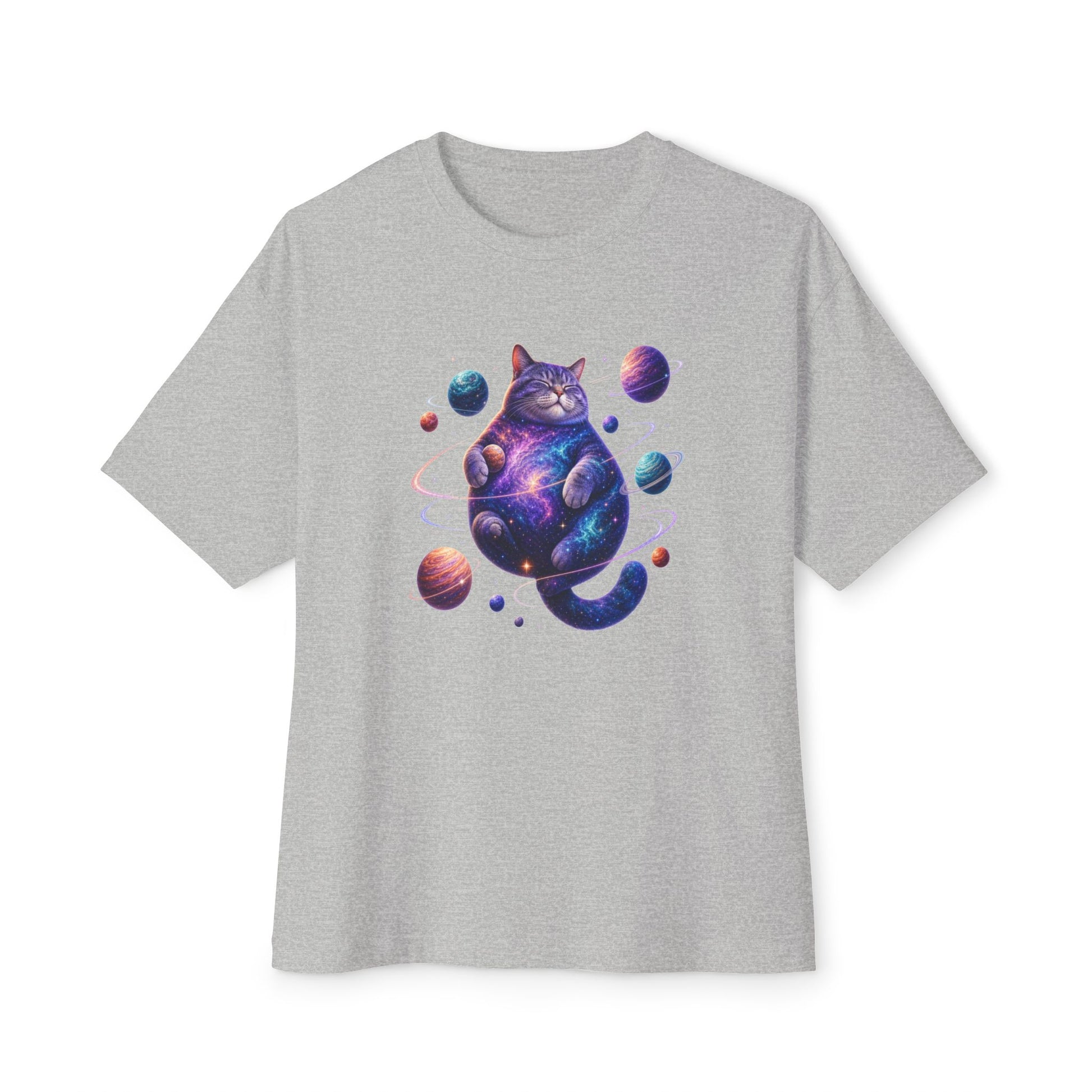 A heather gray short-sleeve crewneck t-shirt featuring a colorful graphic of a cosmic purple cat surrounded by planets, displayed on a clean white background. Stellar Kitty Funny Cosmic Cat Unisex Oversized Boxy T-Shirt Casual Wear