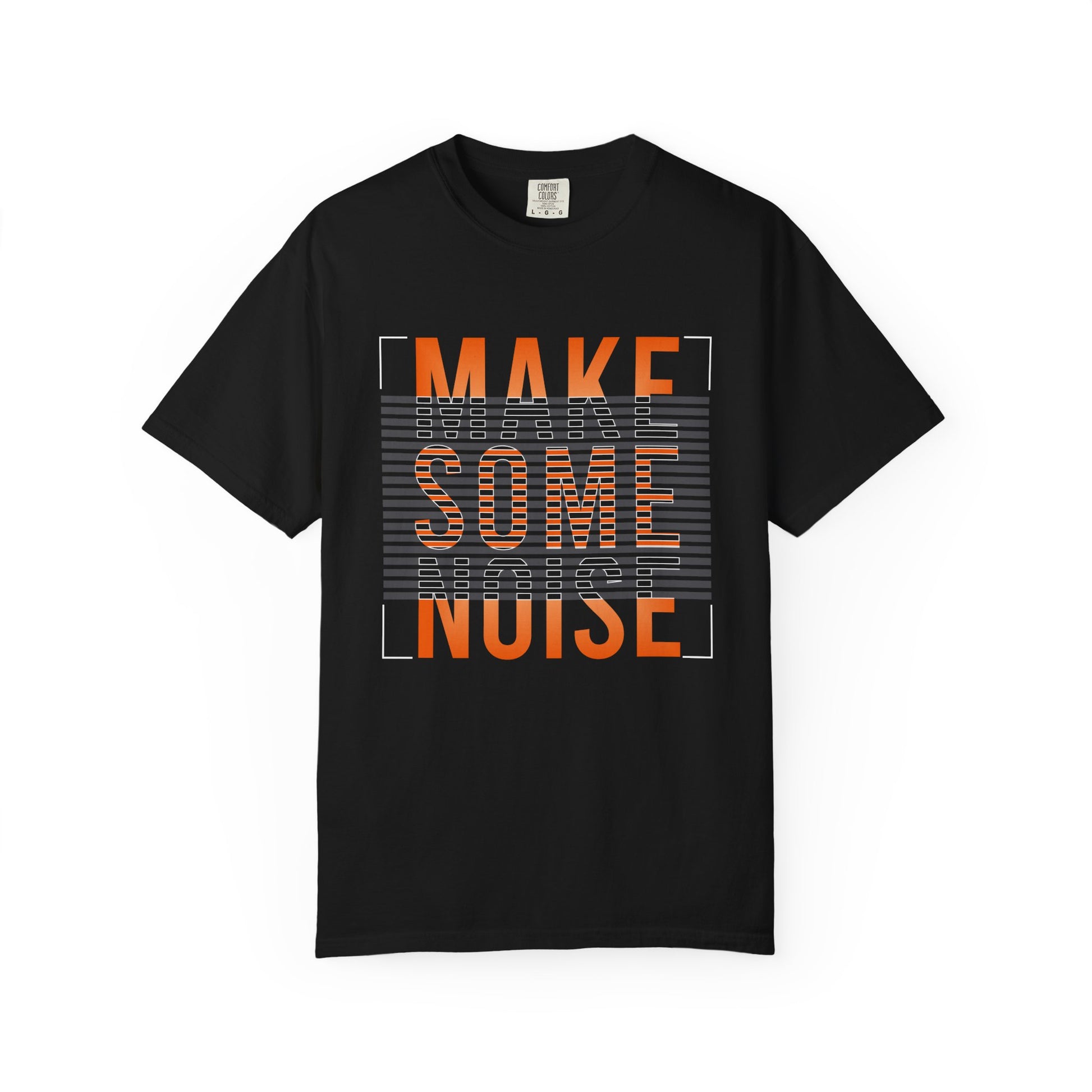 A black short-sleeve crewneck t-shirt with a graphic print on the front reading 'MAKE SOME NOISE' in orange and gray pixelated text over a striped background, displayed on a clean white background. Streetwear Make Some Noise Slogan Typography Graphic T-Shirt Casual Wear