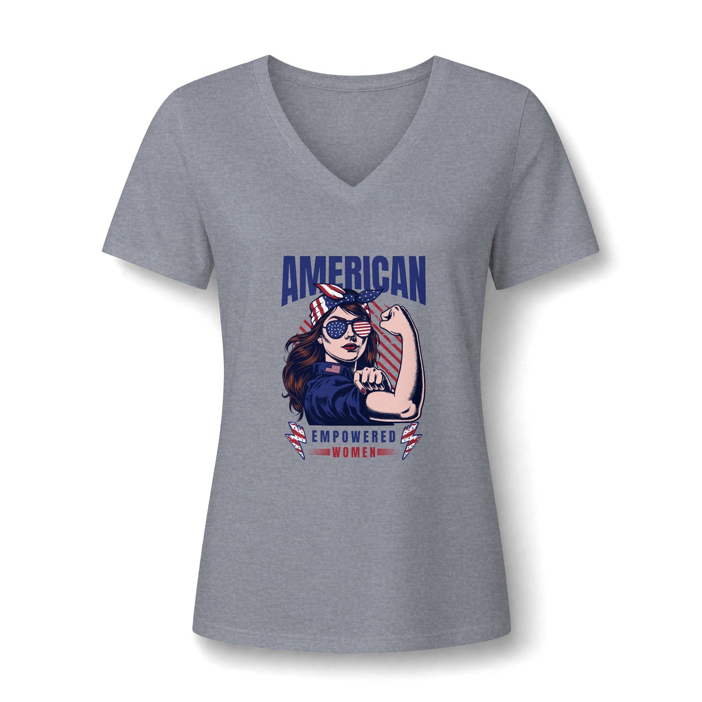 A heather gray women's V-neck t-shirt featuring a 'Remember the Women' graphic on the front with patriotic red, white, and blue colors.