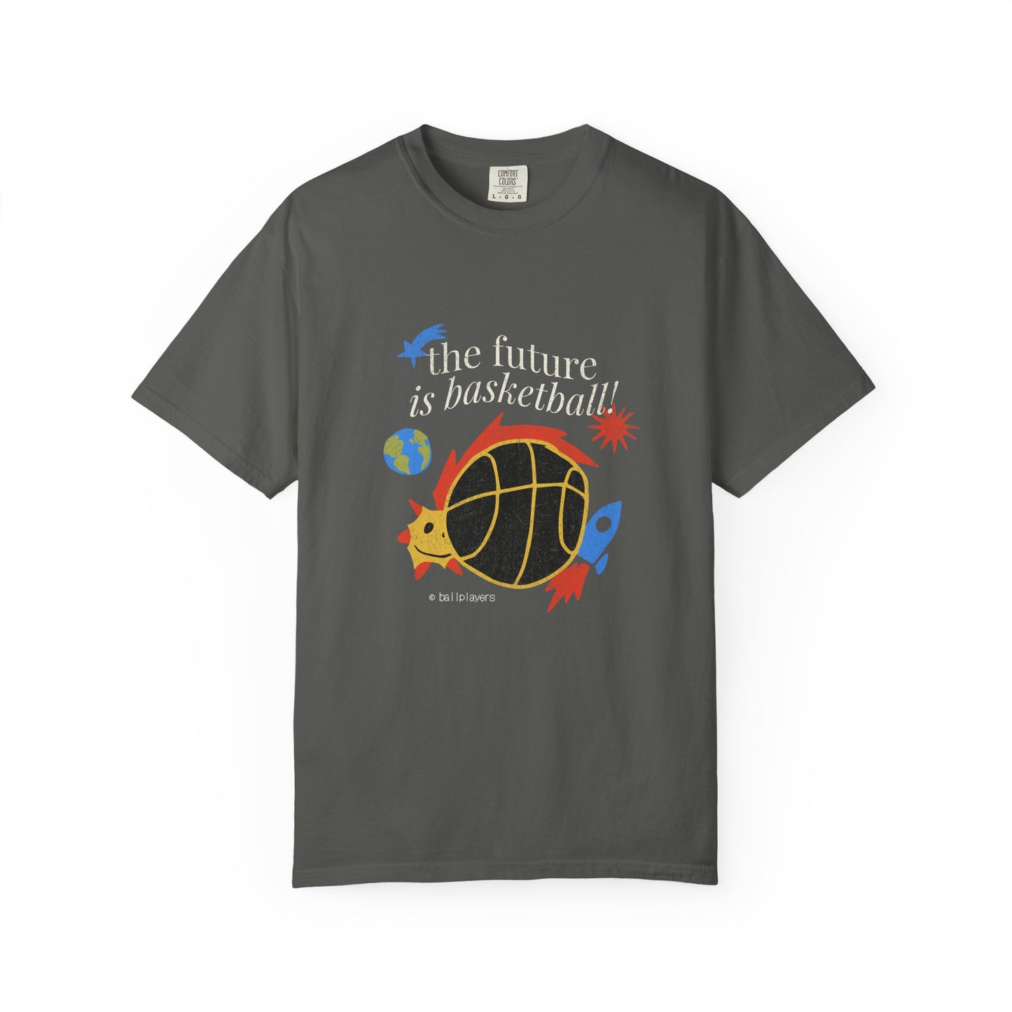 A dark gray crewneck t-shirt featuring a colorful graphic of a basketball turtle with the text 'the future is basketball!' in white, accompanied by blue and red rockets and stars. Stylish Basketball Space T-Shirt for Everyday Outfits