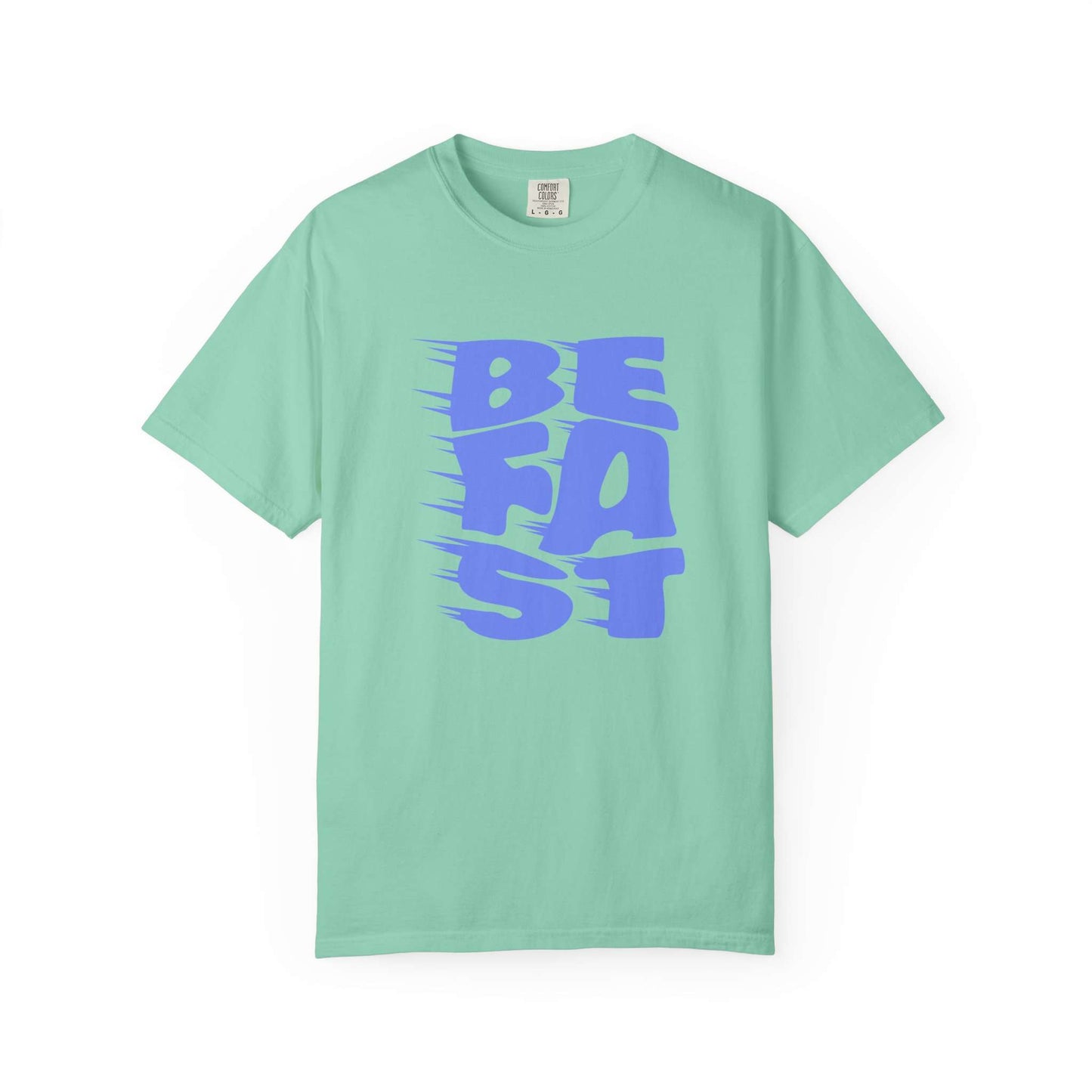 A mint green short-sleeve t-shirt with a bold blue graphic on the front reading 'BE FAST' in a stylized, motion-blurred font, displayed on a clean white background. Stylish Bold Be Fast Typography Lettering Graphic T-Shirt Casual Wear