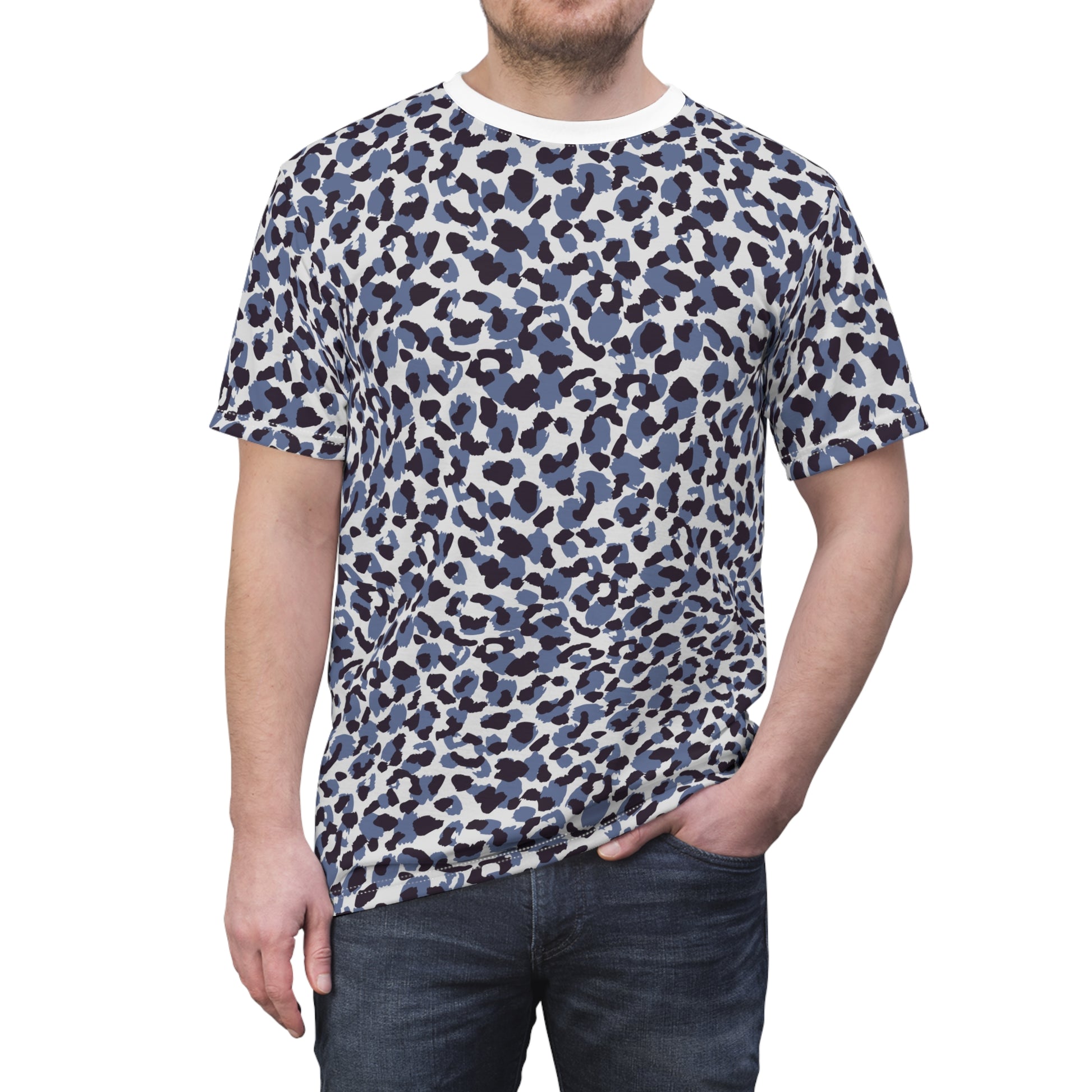 A man wearing a short-sleeve crewneck t-shirt with a blue, gray, and black leopard print pattern on a white base, paired with dark blue jeans, against a plain white background. Stylish Bold Blue Leopard Print T-Shirt for Casual Wear