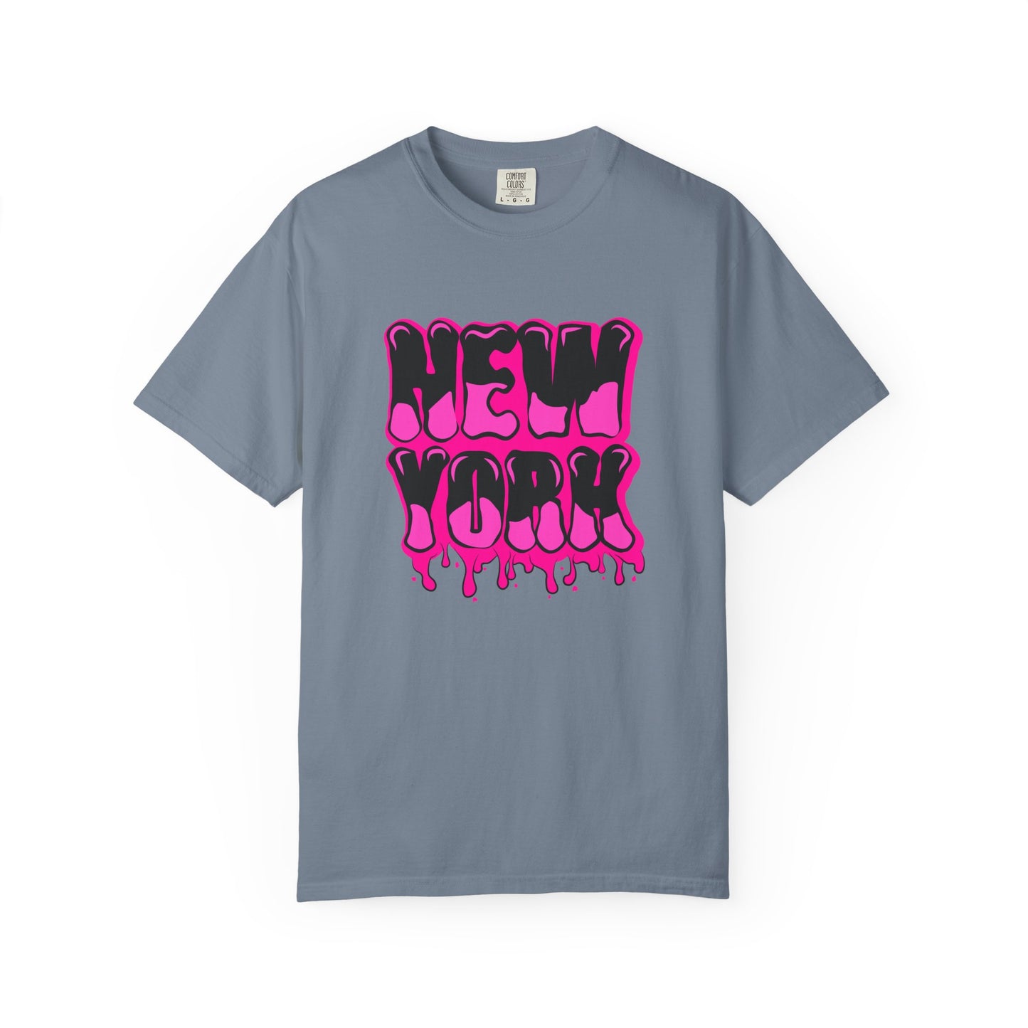 A slate blue crewneck t-shirt featuring a vibrant pink and black dripping 'NEW YORK' graphic on the chest, displayed against a clean white background. Stylish Bold Graffiti Lettering New York Typography T-Shirt for Casual Wear