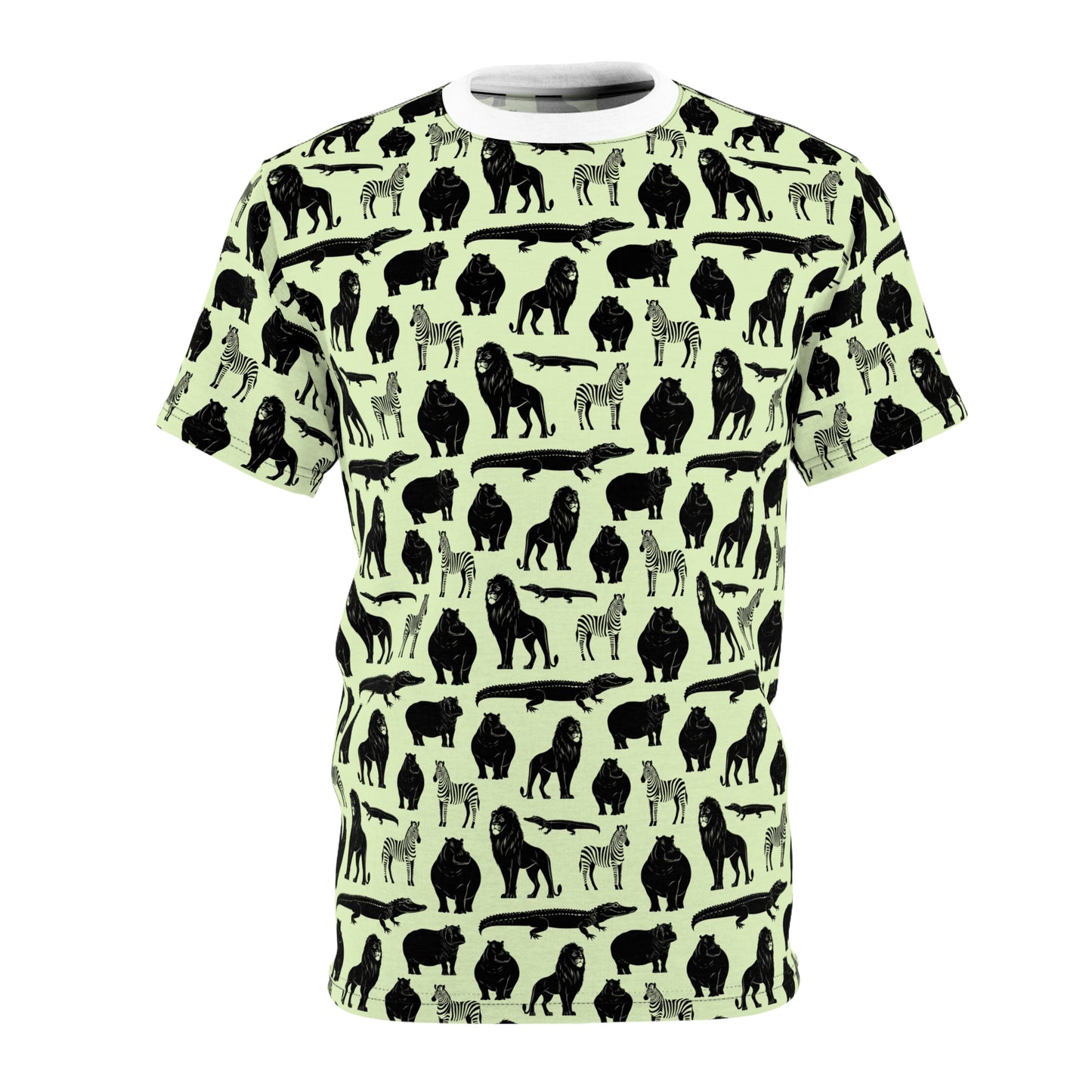 A short-sleeve crewneck t-shirt featuring an all-over repeating pattern of black animal silhouettes, including lions, zebras, giraffes, and crocodiles, on a pale mint green background. Stylish Bold Jungle Safari Animal Pattern T-Shirt for Casual Wear