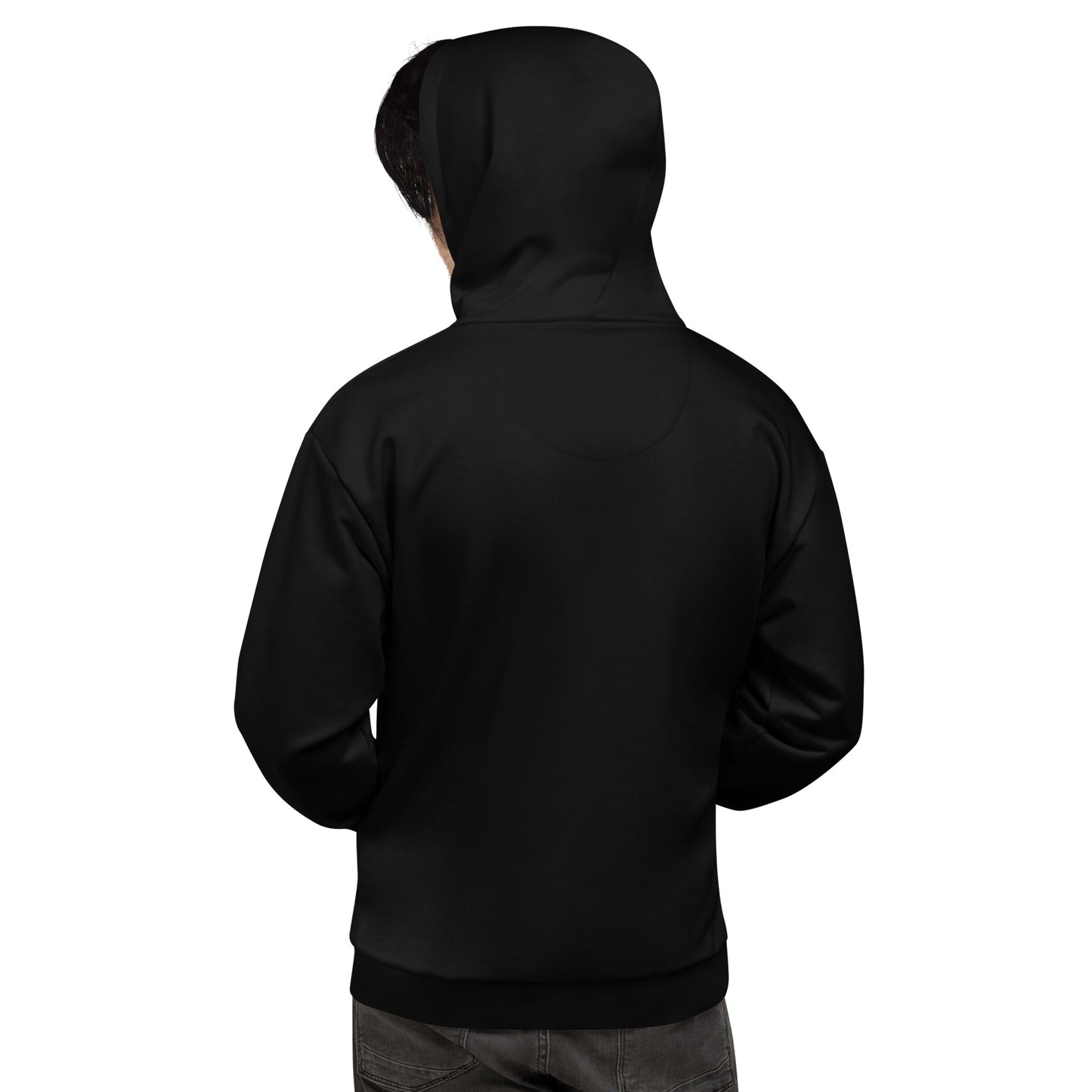 Person wearing a black hoodie from behind on a white background Stylish Bold Minimalist Solid Plain Dark Black Hoodie for Casual Wear