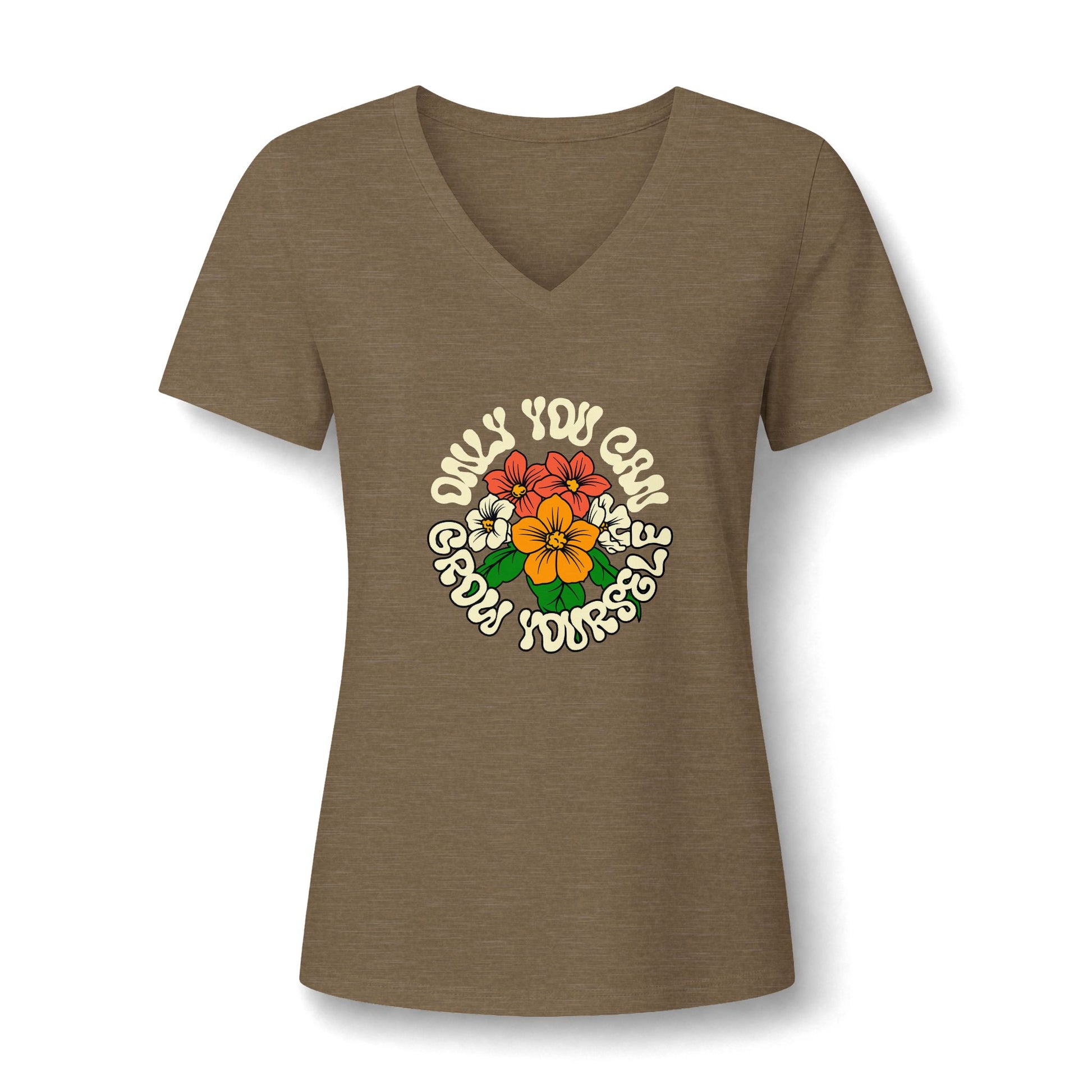 A women's heather brown V-neck t-shirt featuring a retro-style graphic on the chest with a colorful flower illustration and the text 'ONLY YOU CAN GROW YOURSELF'.