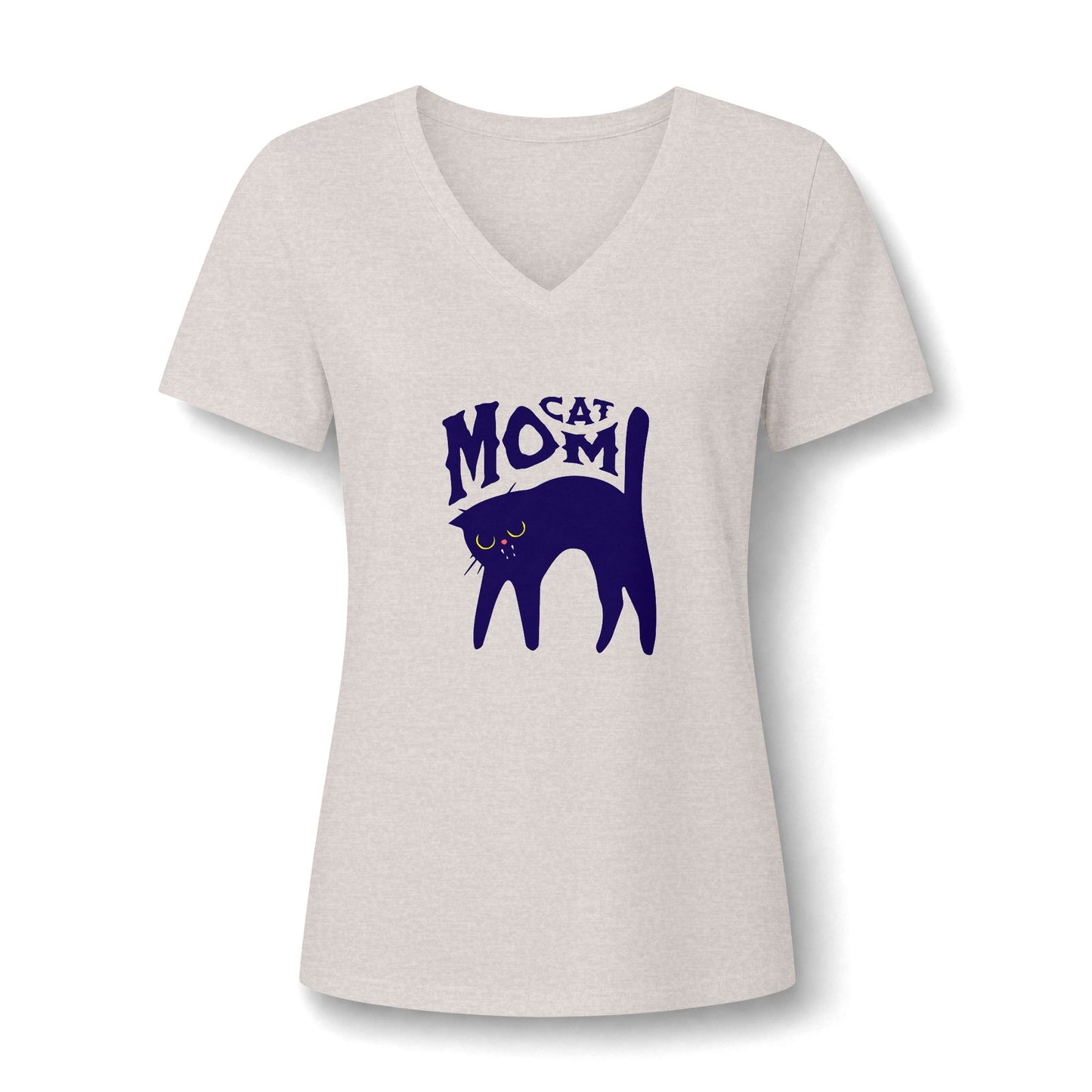 A women's short-sleeve V-neck t-shirt in a light heather gray, featuring a dark navy blue graphic of a cat silhouette with the words 'CAT MOM' printed on the chest.