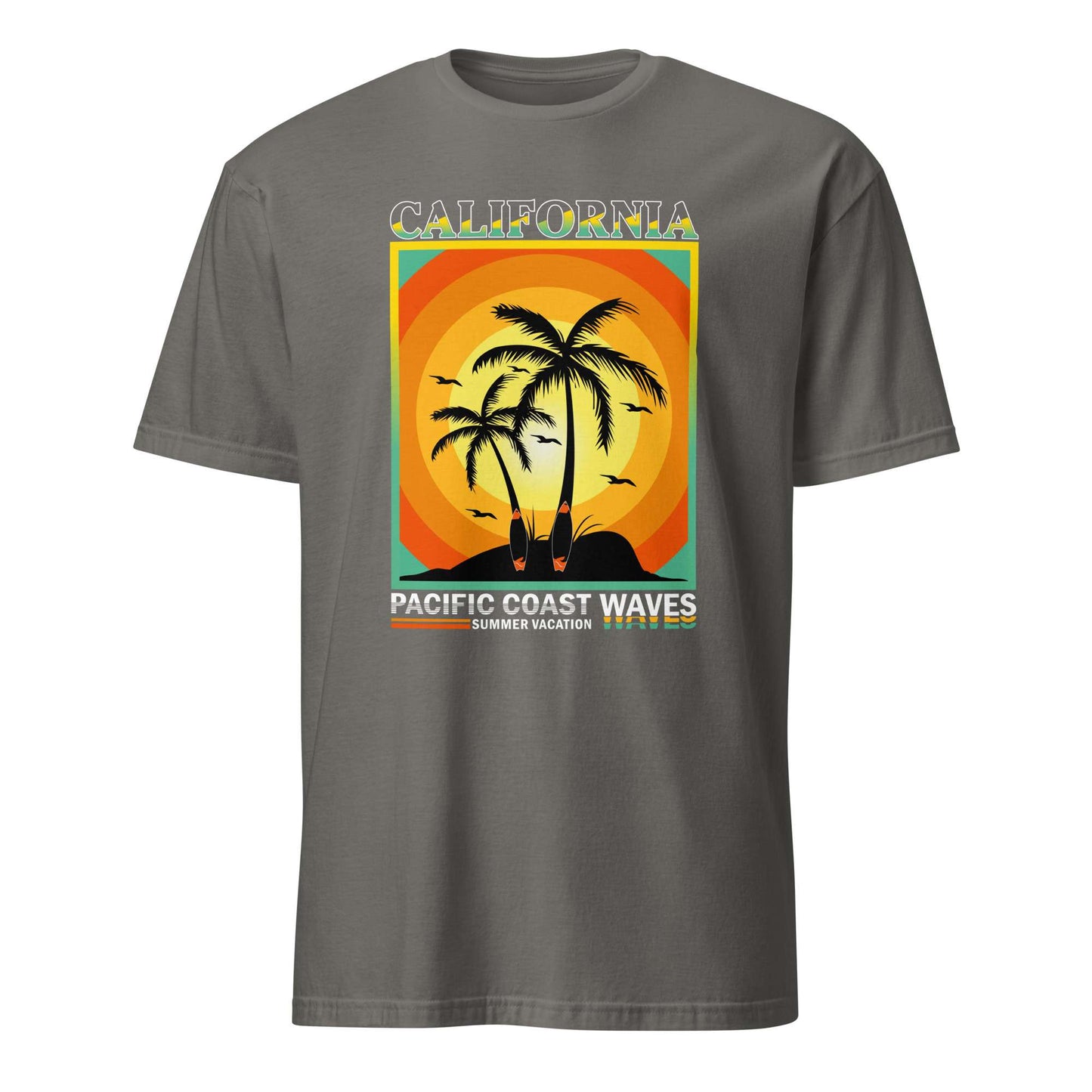 A dark gray crewneck t-shirt featuring a retro-style graphic print of a sunset over a California palm tree island, with the text 'CALIFORNIA PACIFIC COAST WAVES' and 'SAN FRANCISCO VALLEY'. Stylish California Pacific Coast Waves Sunset T-Shirt Casual Wear