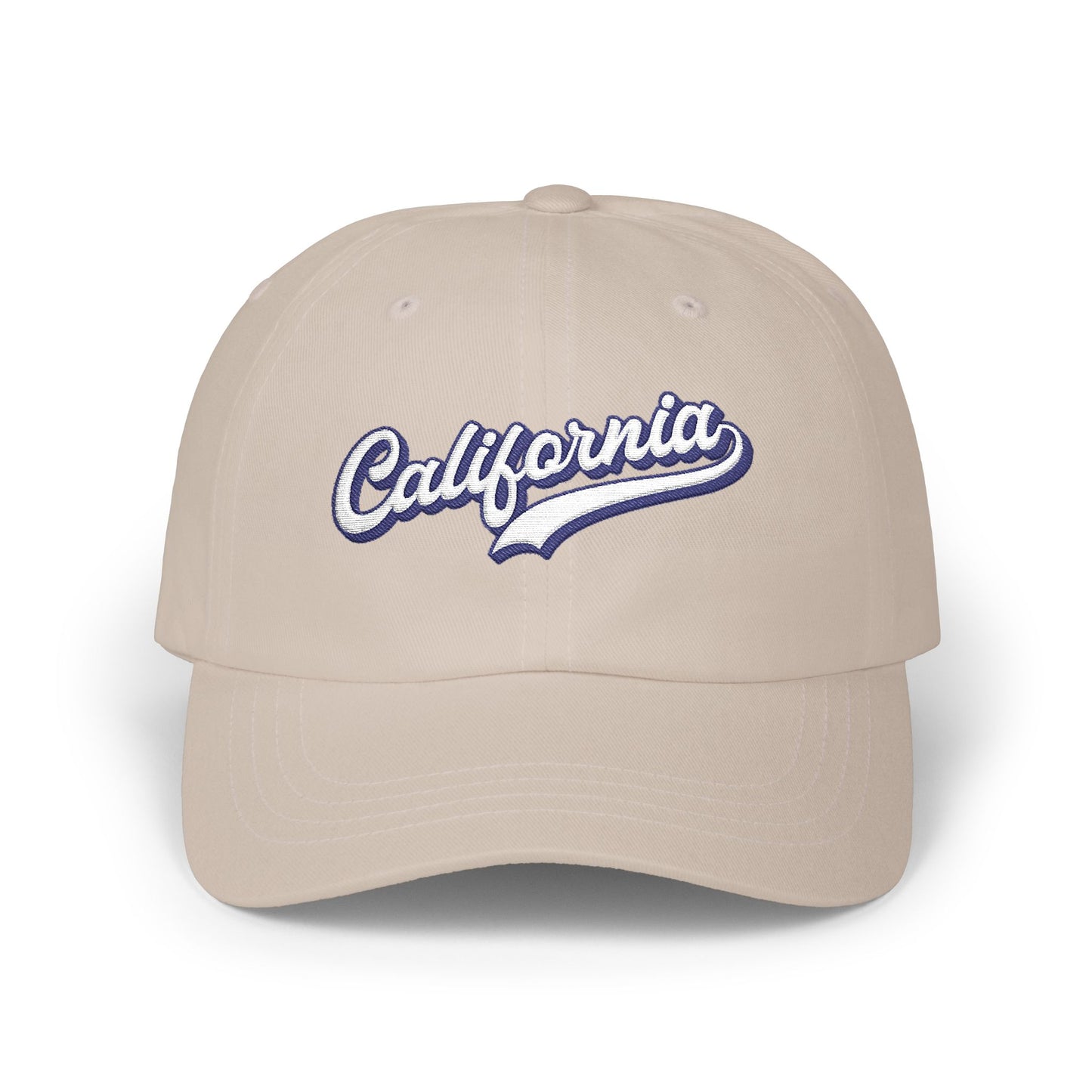 A beige baseball cap with 'California' embroidered in white and blue script across the front, shown on a clean white background. Stylish California Typography Embroidered Classic Dad Cap