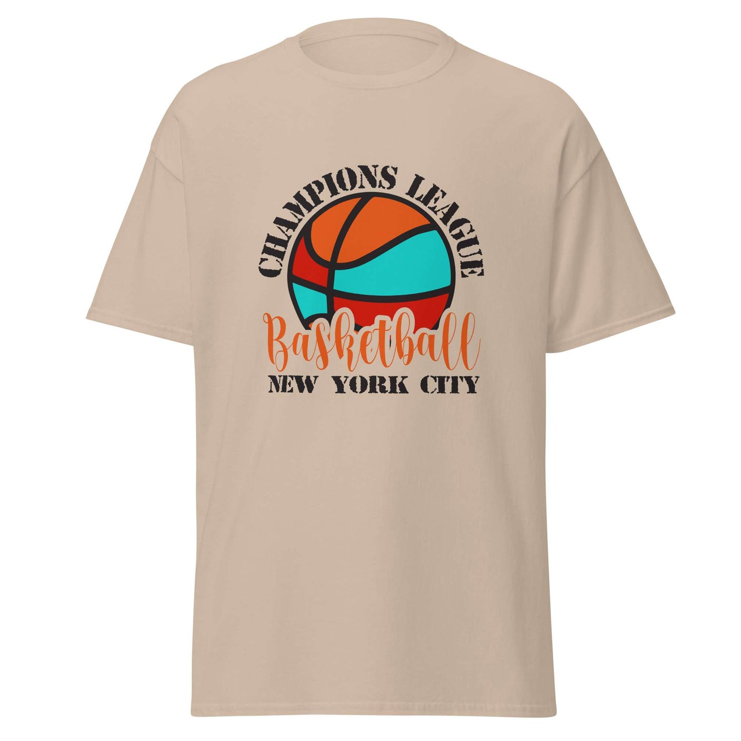 A beige short-sleeve t-shirt with a graphic on the front featuring a stylized basketball in orange, red, and teal, with the text 'CHAMPIONS LEAGUE Basketball NEW YORK CITY' in black and orange. Stylish Champions League Basketball New York City T-Shirt for Casual Wear
