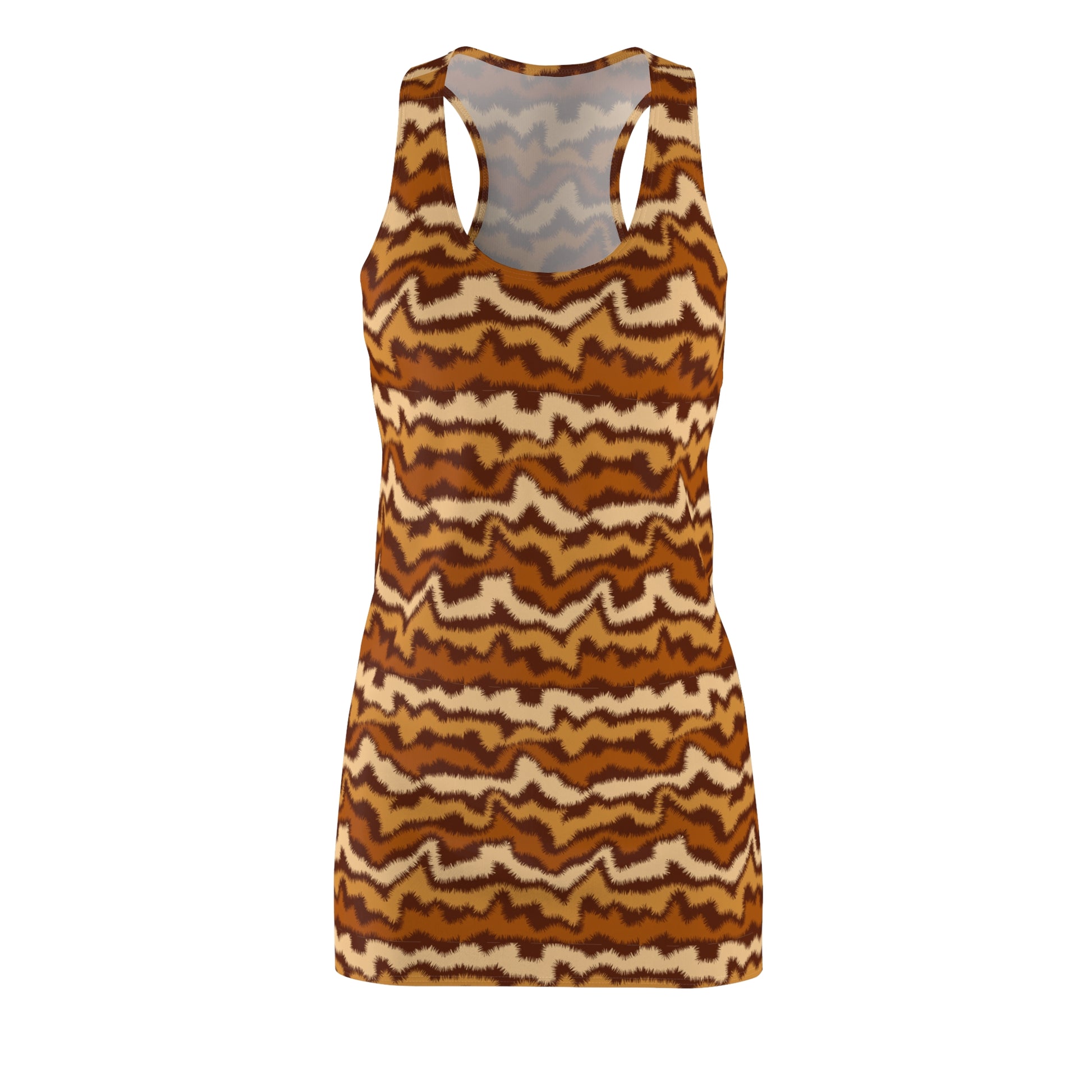 A sleeveless racerback tank top featuring a horizontal wavy zigzag pattern in shades of brown, tan, and beige, shown against a plain white background. Stylish Chic Women's Summer Dress: Bold Brown Wave Pattern