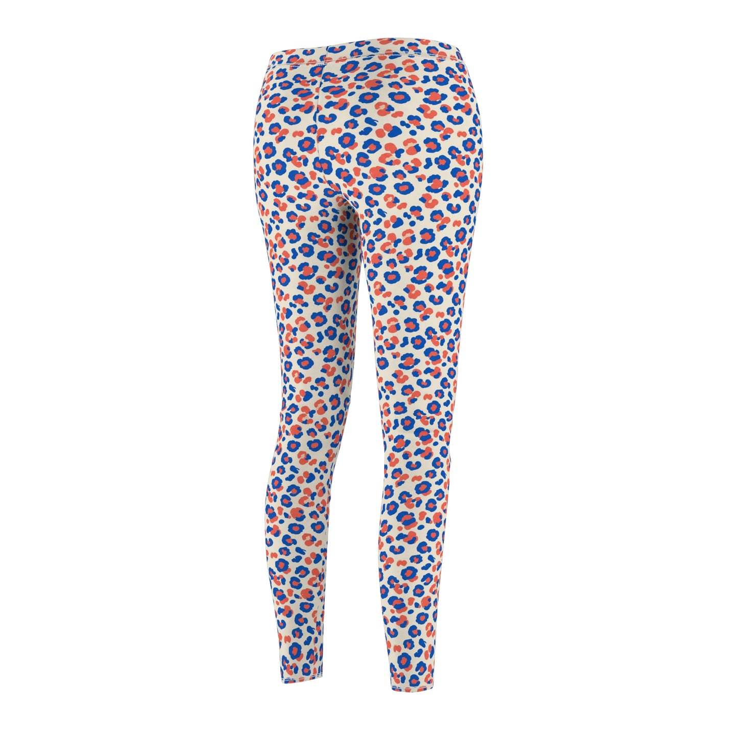 High-waisted leggings with an all-over leopard print pattern in blue, orange, and white, shown from the back on a plain white background. Stylish Colorful Pastel Leopard Print Leggings Casual Wear